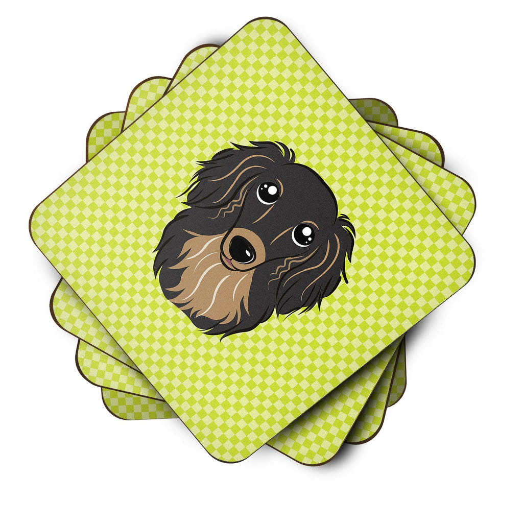 Checkerboard Lime Green Longhair Black and Tan Dachshund Foam Coasters Set of 4 Cup Coasters for Indoor Outdoor, Tabletop Protection, Anti Slip, Mouse pad Material