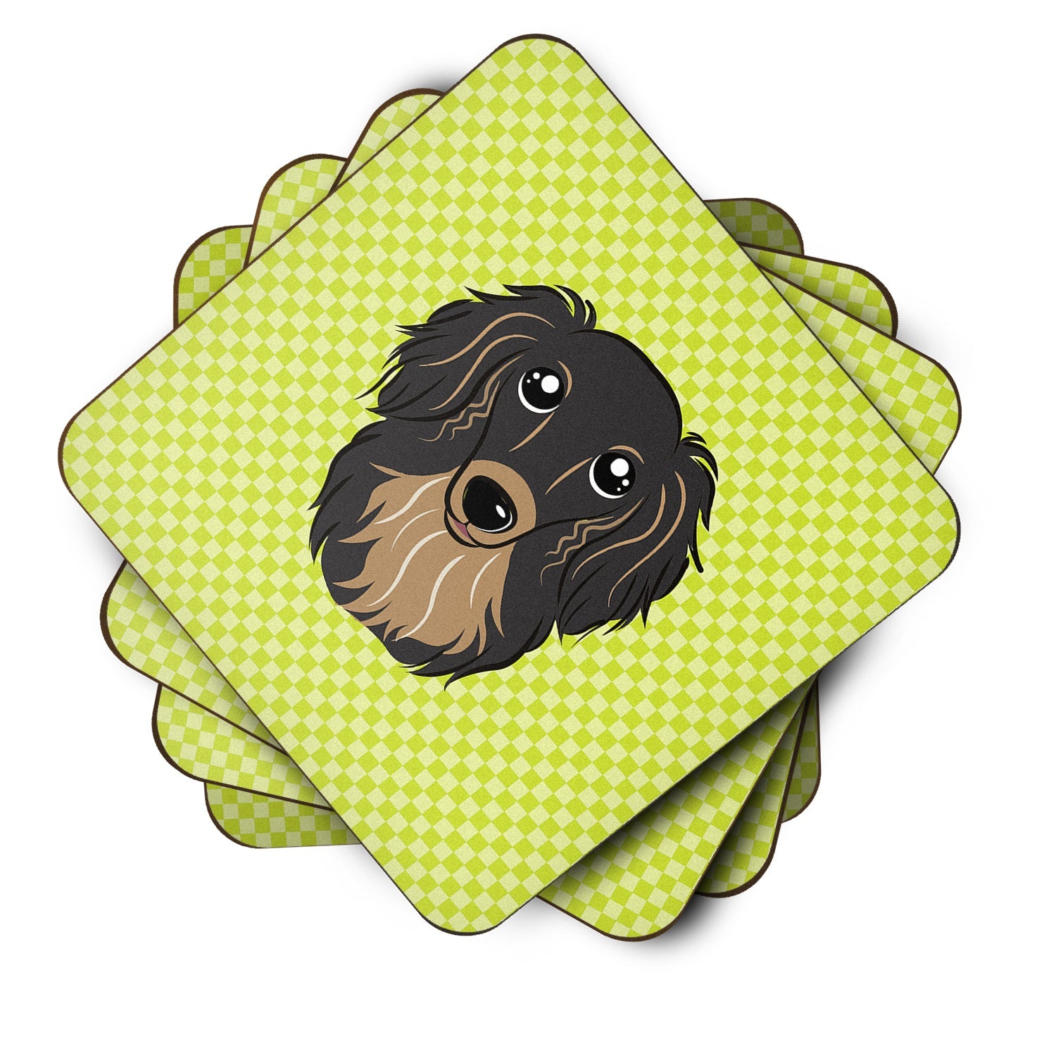 Checkerboard Lime Green Longhair Black and Tan Dachshund Foam Coasters Set of 4 Cup Coasters for Indoor Outdoor, Tabletop Protection, Anti Slip, Mouse pad Material
