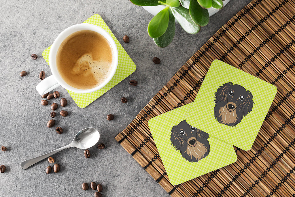 Checkerboard Lime Green Longhair Black and Tan Dachshund Foam Coasters Set of 4 Cup Coasters for Indoor Outdoor, Tabletop Protection, Anti Slip, Mouse pad Material