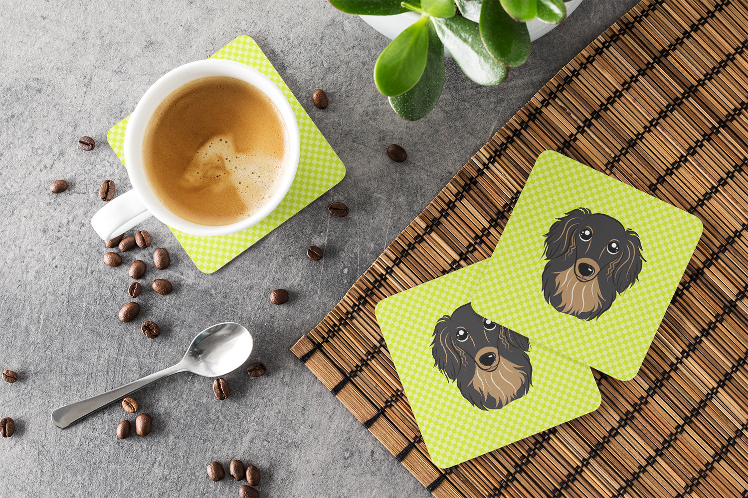 Checkerboard Lime Green Longhair Black and Tan Dachshund Foam Coasters Set of 4 Cup Coasters for Indoor Outdoor, Tabletop Protection, Anti Slip, Mouse pad Material
