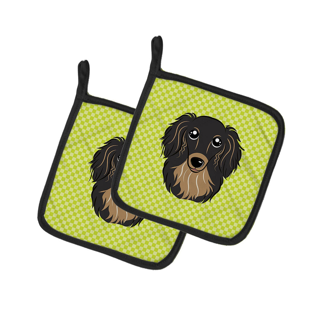 Checkerboard Lime Green Longhair Black and Tan Dachshund Pot Holder Set of 2 Heat Resistant Quilted Hot Pads 7.5 x 7.5 Inch, Insulated Kitchen Trivets for Cooking & Baking