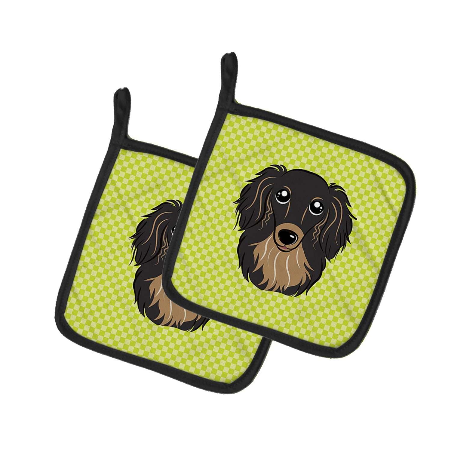 Checkerboard Lime Green Longhair Black and Tan Dachshund Pot Holder Set of 2 Heat Resistant Quilted Hot Pads 7.5 x 7.5 Inch, Insulated Kitchen Trivets for Cooking & Baking