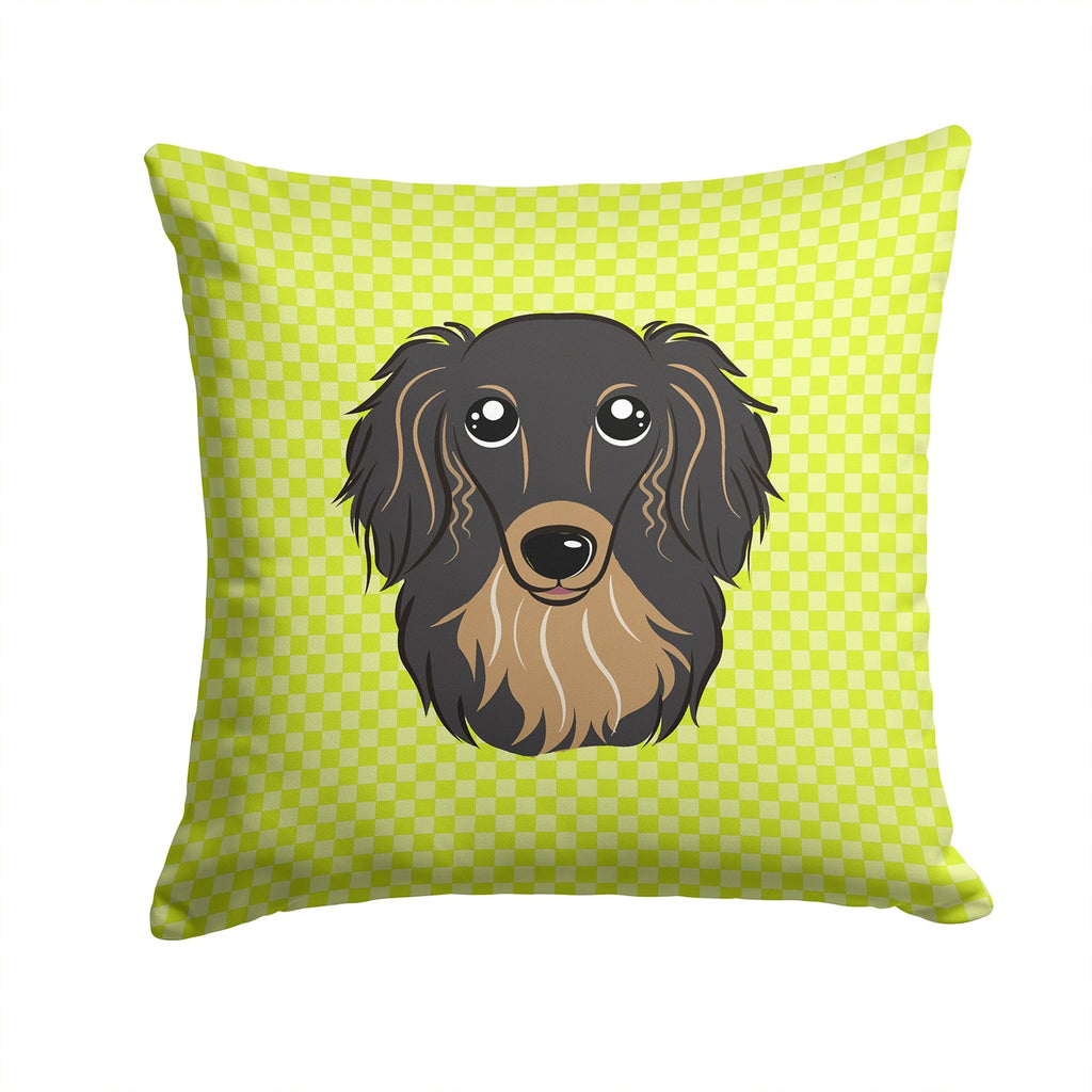 Checkerboard Lime Green Longhair Black and Tan Dachshund Decorative Throw Pillow 14x14 Indoor Outdoor Accent Cushion, Fabric Cover with Insert for Sofa, Bed, Porch & Living Room