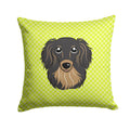 Checkerboard Lime Green Longhair Black and Tan Dachshund Decorative Throw Pillow 14x14 Indoor Outdoor Accent Cushion, Fabric Cover with Insert for Sofa, Bed, Porch & Living Room