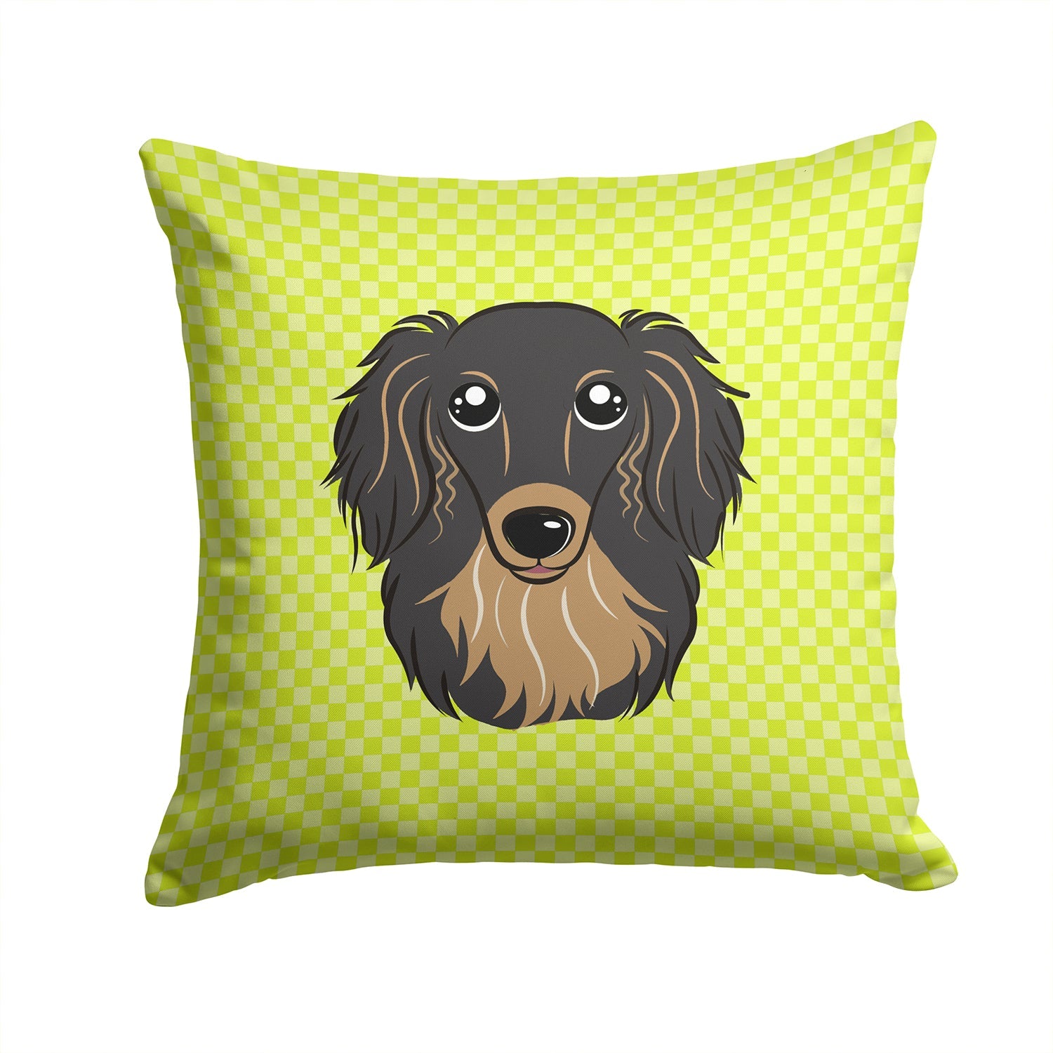 Checkerboard Lime Green Longhair Black and Tan Dachshund Decorative Throw Pillow 14x14 Indoor Outdoor Accent Cushion, Fabric Cover with Insert for Sofa, Bed, Porch & Living Room