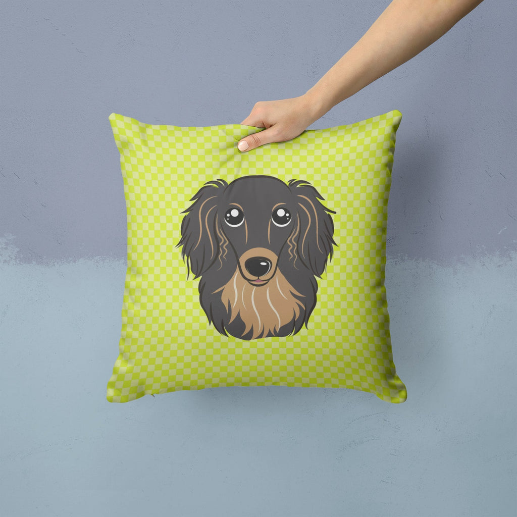 Checkerboard Lime Green Longhair Black and Tan Dachshund Decorative Throw Pillow 14x14 Indoor Outdoor Accent Cushion, Fabric Cover with Insert for Sofa, Bed, Porch & Living Room