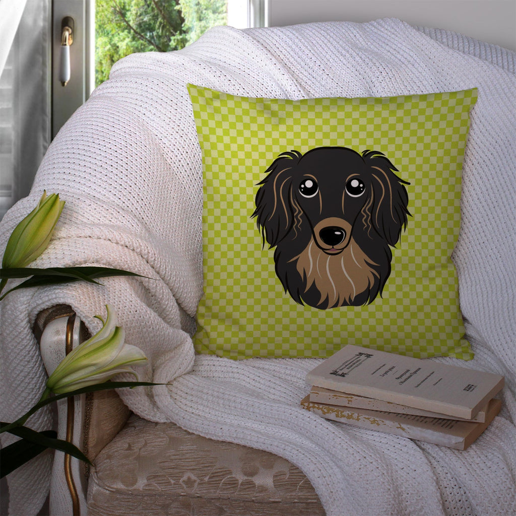 Checkerboard Lime Green Longhair Black and Tan Dachshund Decorative Throw Pillow 14x14 Indoor Outdoor Accent Cushion, Fabric Cover with Insert for Sofa, Bed, Porch & Living Room