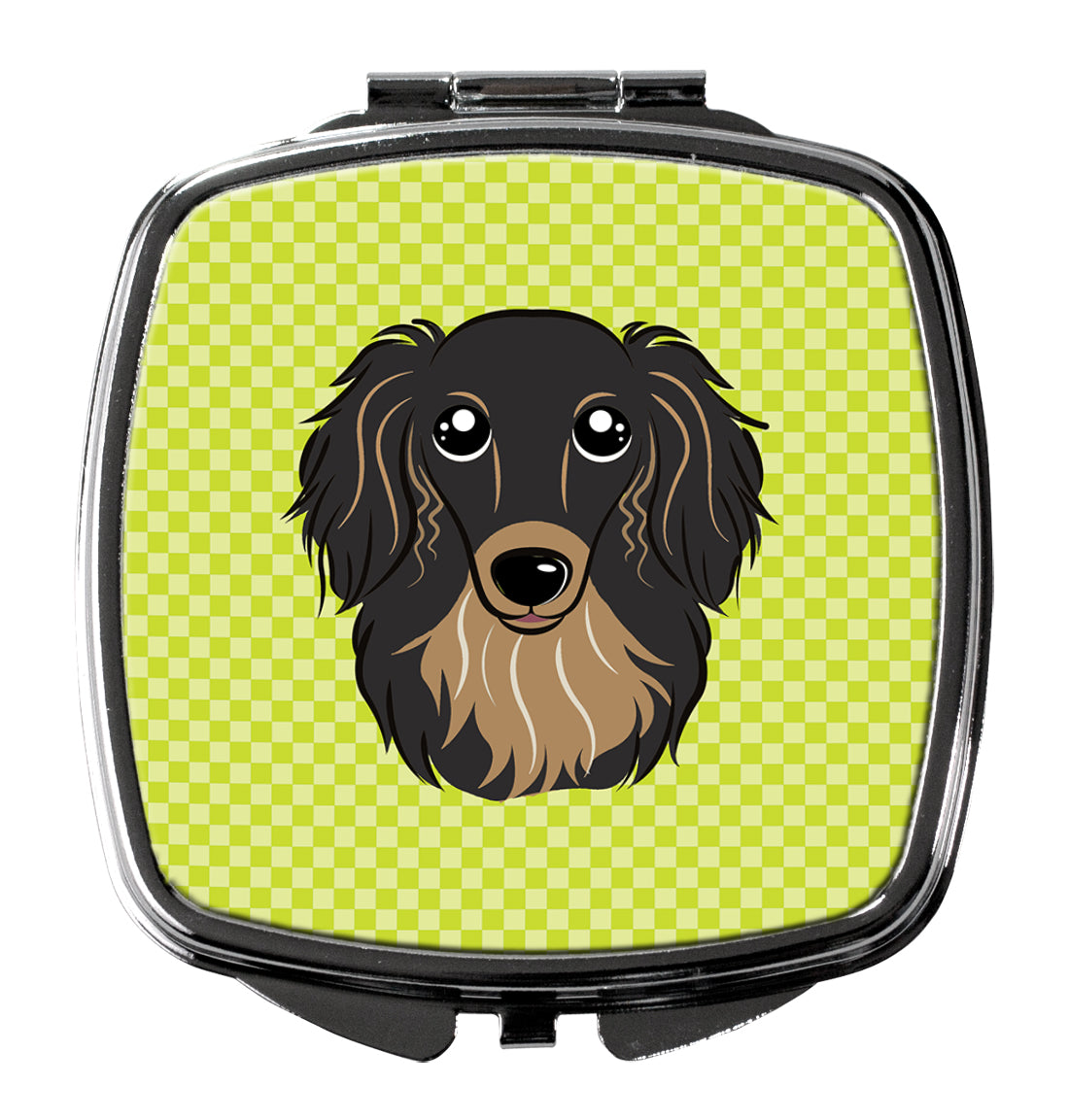 Checkerboard Lime Green Longhair Black and Tan Dachshund Compact Mirror Decorative Travel Makeup Mirror for Women Girls Gifts Pocket Makeup Mirror Folding Handheld