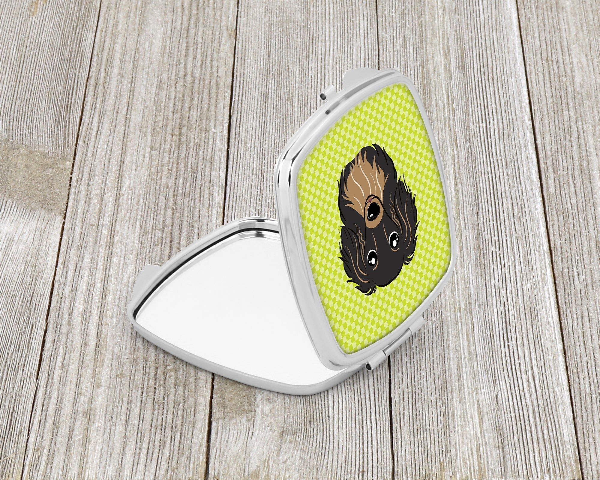 Checkerboard Lime Green Longhair Black and Tan Dachshund Compact Mirror Decorative Travel Makeup Mirror for Women Girls Gifts Pocket Makeup Mirror Folding Handheld