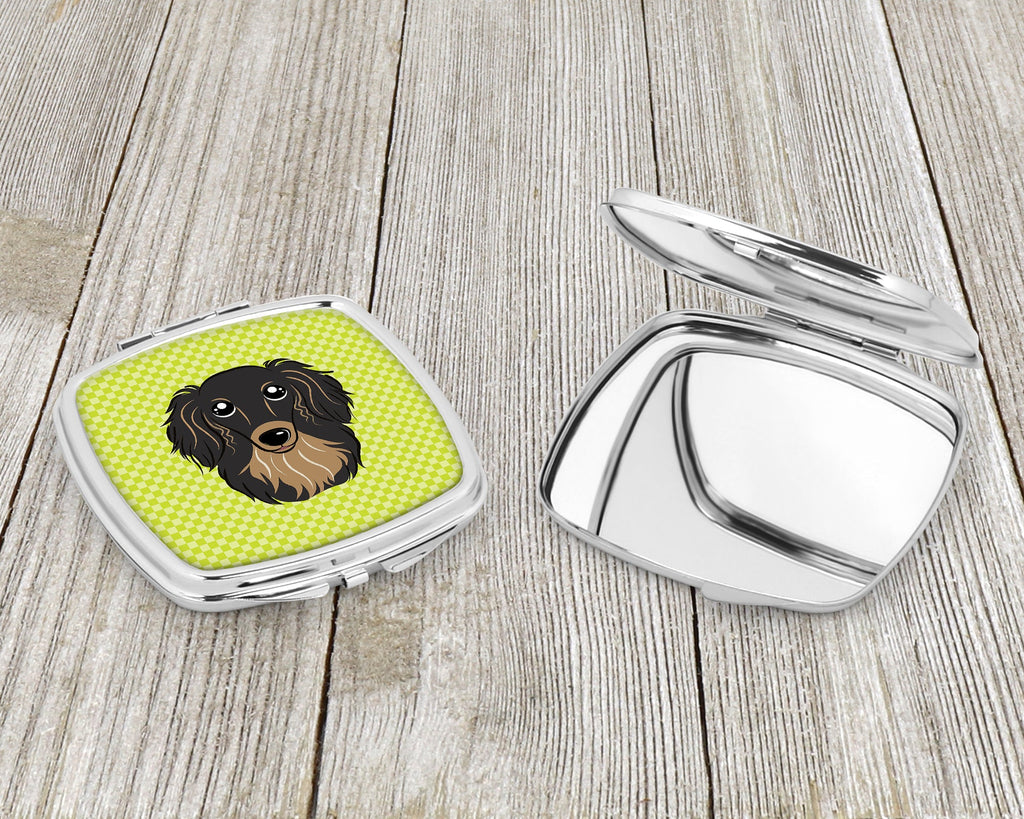 Checkerboard Lime Green Longhair Black and Tan Dachshund Compact Mirror Decorative Travel Makeup Mirror for Women Girls Gifts Pocket Makeup Mirror Folding Handheld