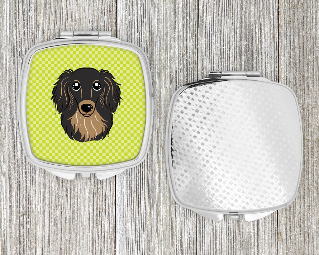 Checkerboard Lime Green Longhair Black and Tan Dachshund Compact Mirror Decorative Travel Makeup Mirror for Women Girls Gifts Pocket Makeup Mirror Folding Handheld