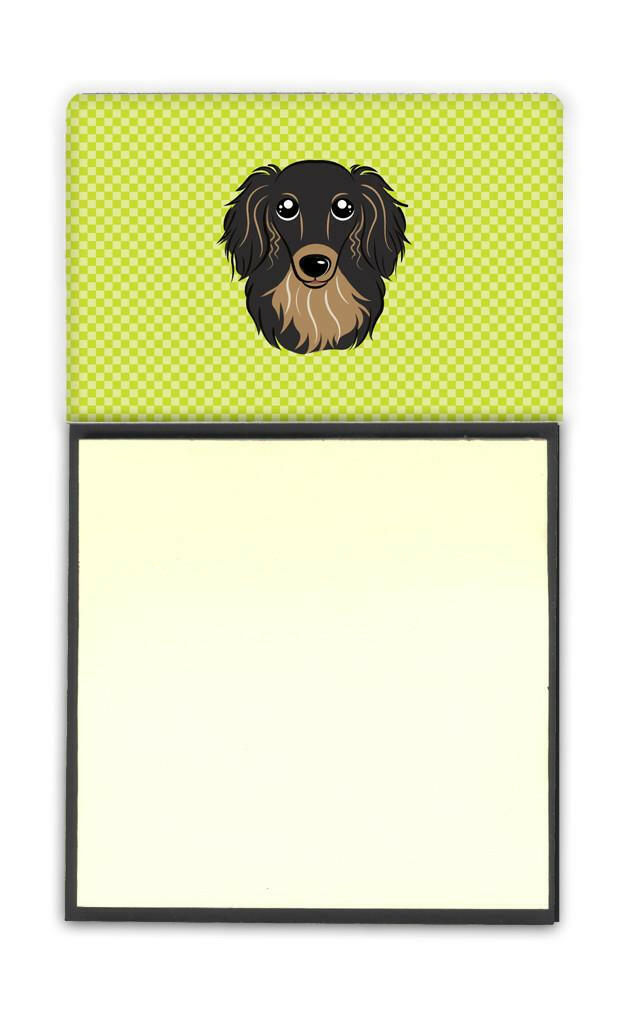 Checkerboard Lime Green Longhair Black and Tan Dachshund Watercolor Sticky Note Holder Refillable Dispenser Desk Accessory 3x3 Pad Gift