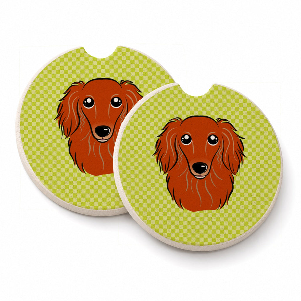 Checkerboard Lime Green Longhair Red Dachshund Set of 2 Cup Holder Car Coasters Absorbent Round Sandstone Coasters Gifts for Men or Women, 2.5, Multicolor