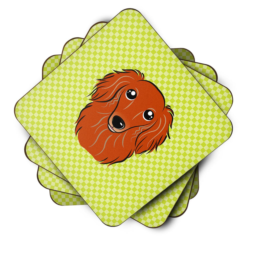 Checkerboard Lime Green Longhair Red Dachshund Foam Coasters Set of 4 Cup Coasters for Indoor Outdoor, Tabletop Protection, Anti Slip, Mouse pad Material