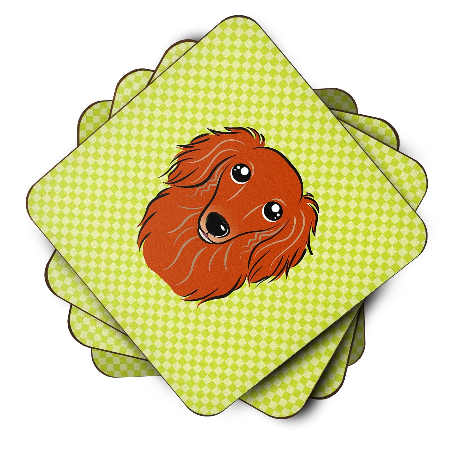 Checkerboard Lime Green Longhair Red Dachshund Foam Coasters Set of 4 Cup Coasters for Indoor Outdoor, Tabletop Protection, Anti Slip, Mouse pad Material