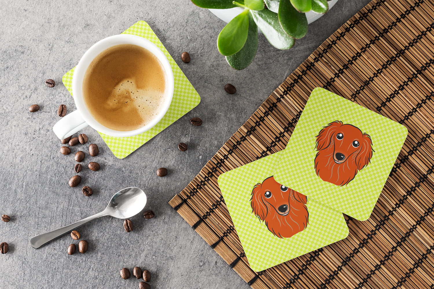 Checkerboard Lime Green Longhair Red Dachshund Foam Coasters Set of 4 Cup Coasters for Indoor Outdoor, Tabletop Protection, Anti Slip, Mouse pad Material