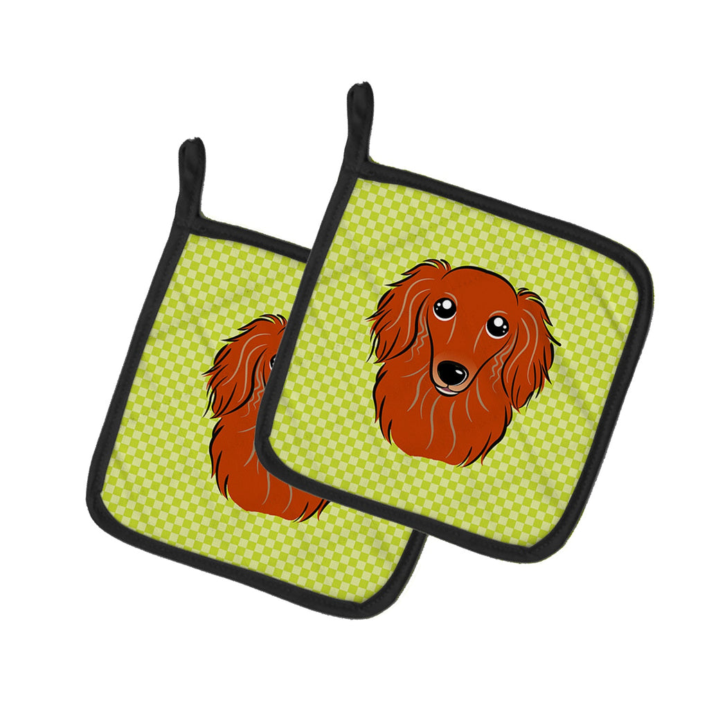 Checkerboard Lime Green Longhair Red Dachshund Pot Holder Set of 2 Heat Resistant Quilted Hot Pads 7.5 x 7.5 Inch, Insulated Kitchen Trivets for Cooking & Baking