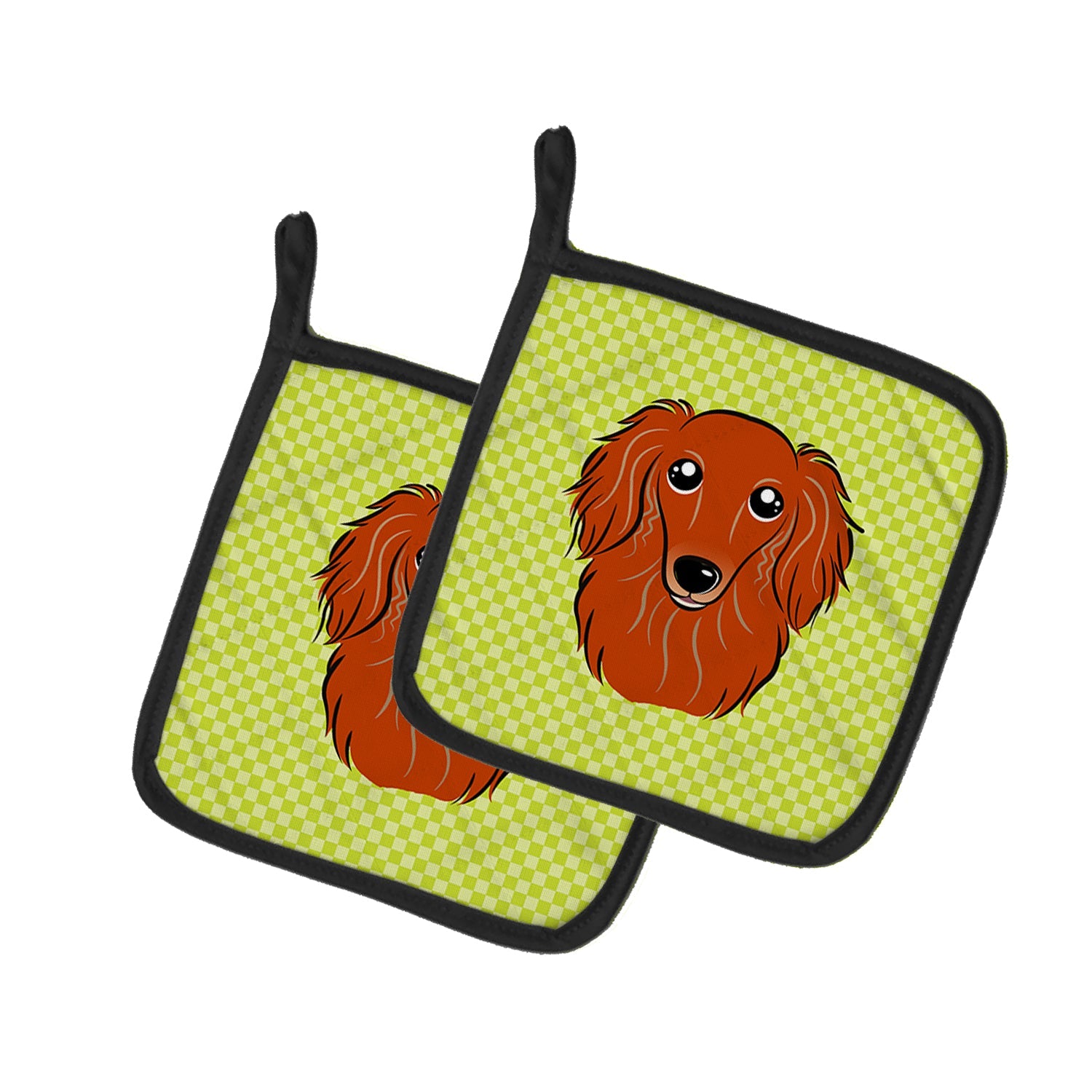 Checkerboard Lime Green Longhair Red Dachshund Pot Holder Set of 2 Heat Resistant Quilted Hot Pads 7.5 x 7.5 Inch, Insulated Kitchen Trivets for Cooking & Baking