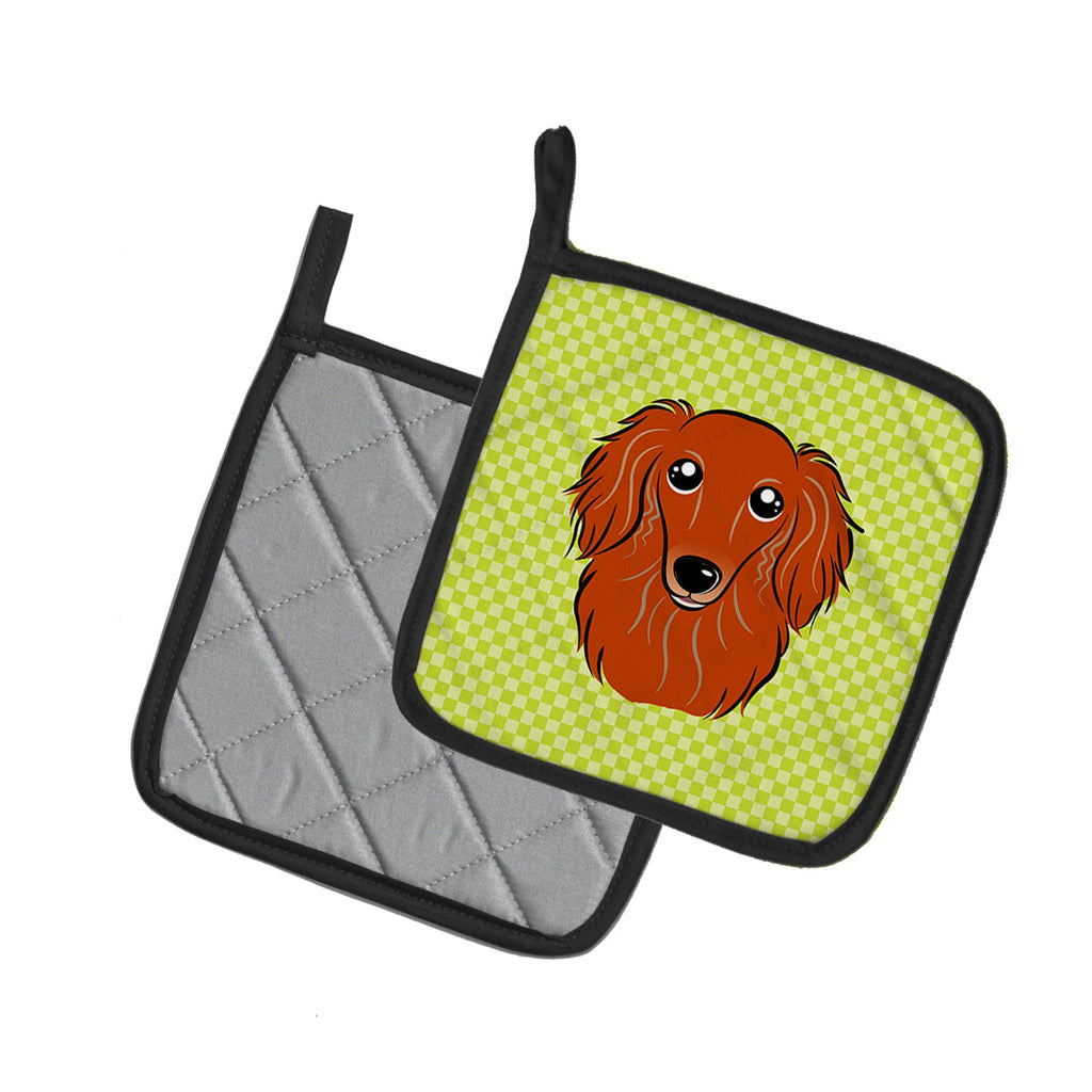 Checkerboard Lime Green Longhair Red Dachshund Pot Holder Set of 2 Heat Resistant Quilted Hot Pads 7.5 x 7.5 Inch, Insulated Kitchen Trivets for Cooking & Baking