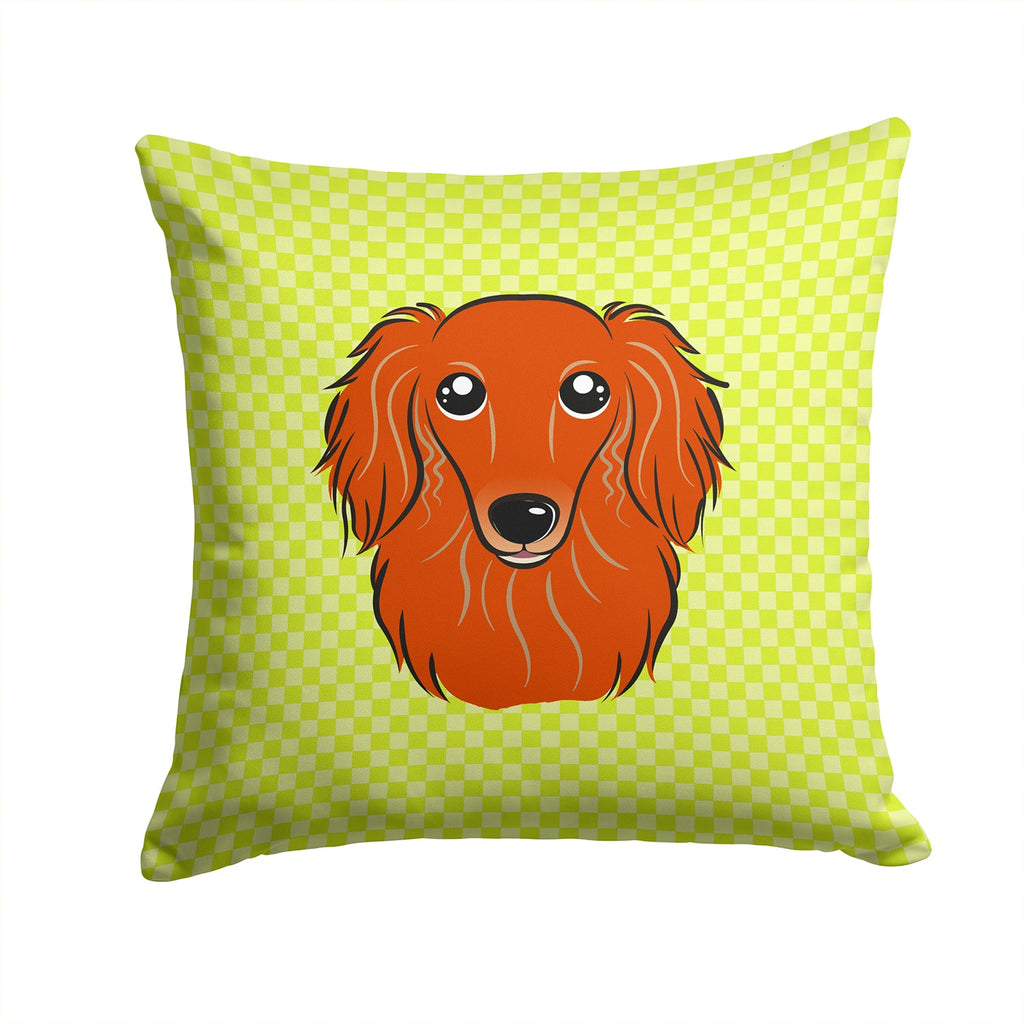 Checkerboard Lime Green Longhair Red Dachshund Decorative Throw Pillow 14x14 Indoor Outdoor Accent Cushion, Fabric Cover with Insert for Sofa, Bed, Porch & Living Room