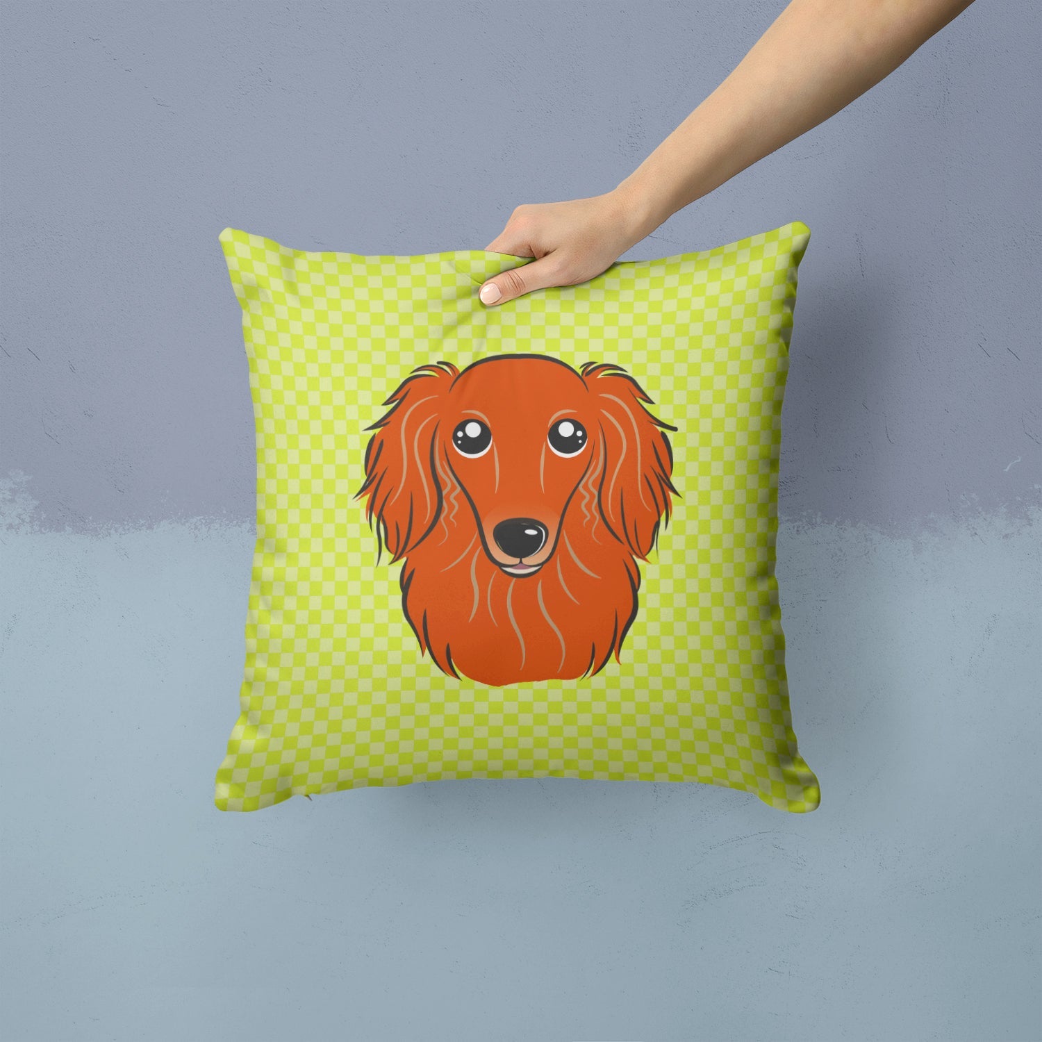 Checkerboard Lime Green Longhair Red Dachshund Decorative Throw Pillow 14x14 Indoor Outdoor Accent Cushion, Fabric Cover with Insert for Sofa, Bed, Porch & Living Room