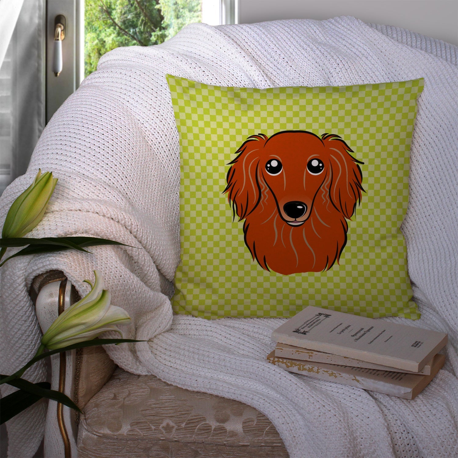Checkerboard Lime Green Longhair Red Dachshund Decorative Throw Pillow 14x14 Indoor Outdoor Accent Cushion, Fabric Cover with Insert for Sofa, Bed, Porch & Living Room