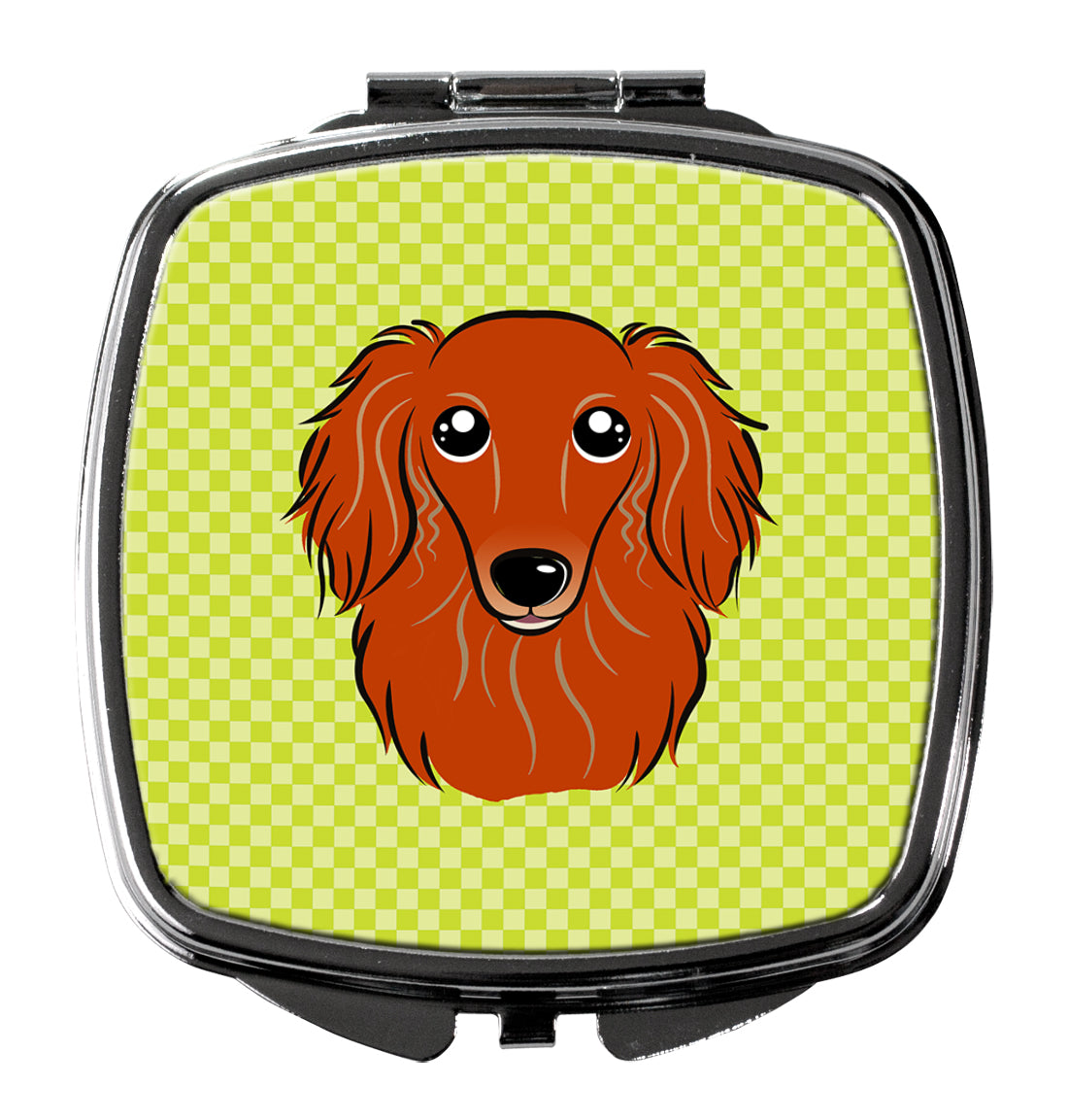Checkerboard Lime Green Longhair Red Dachshund Compact Mirror Decorative Travel Makeup Mirror for Women Girls Gifts Pocket Makeup Mirror Folding Handheld