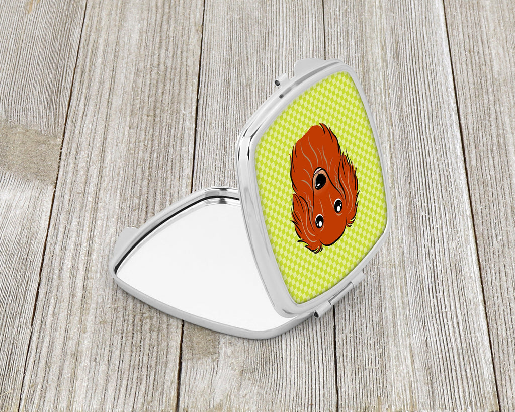 Checkerboard Lime Green Longhair Red Dachshund Compact Mirror Decorative Travel Makeup Mirror for Women Girls Gifts Pocket Makeup Mirror Folding Handheld