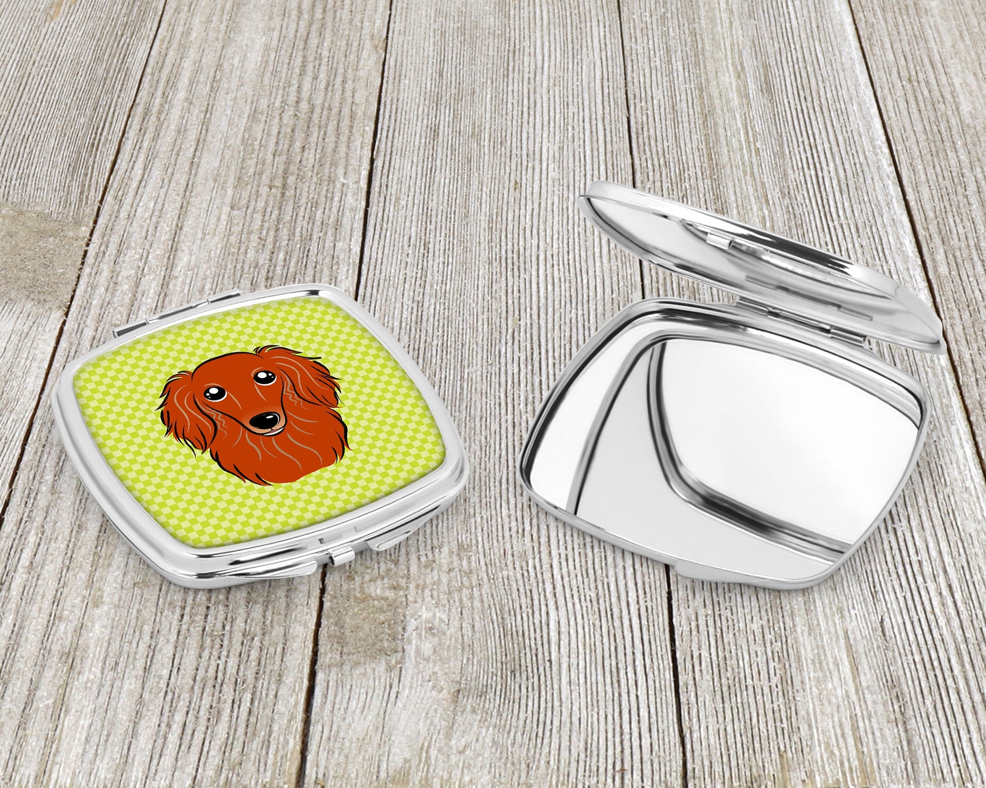 Checkerboard Lime Green Longhair Red Dachshund Compact Mirror Decorative Travel Makeup Mirror for Women Girls Gifts Pocket Makeup Mirror Folding Handheld