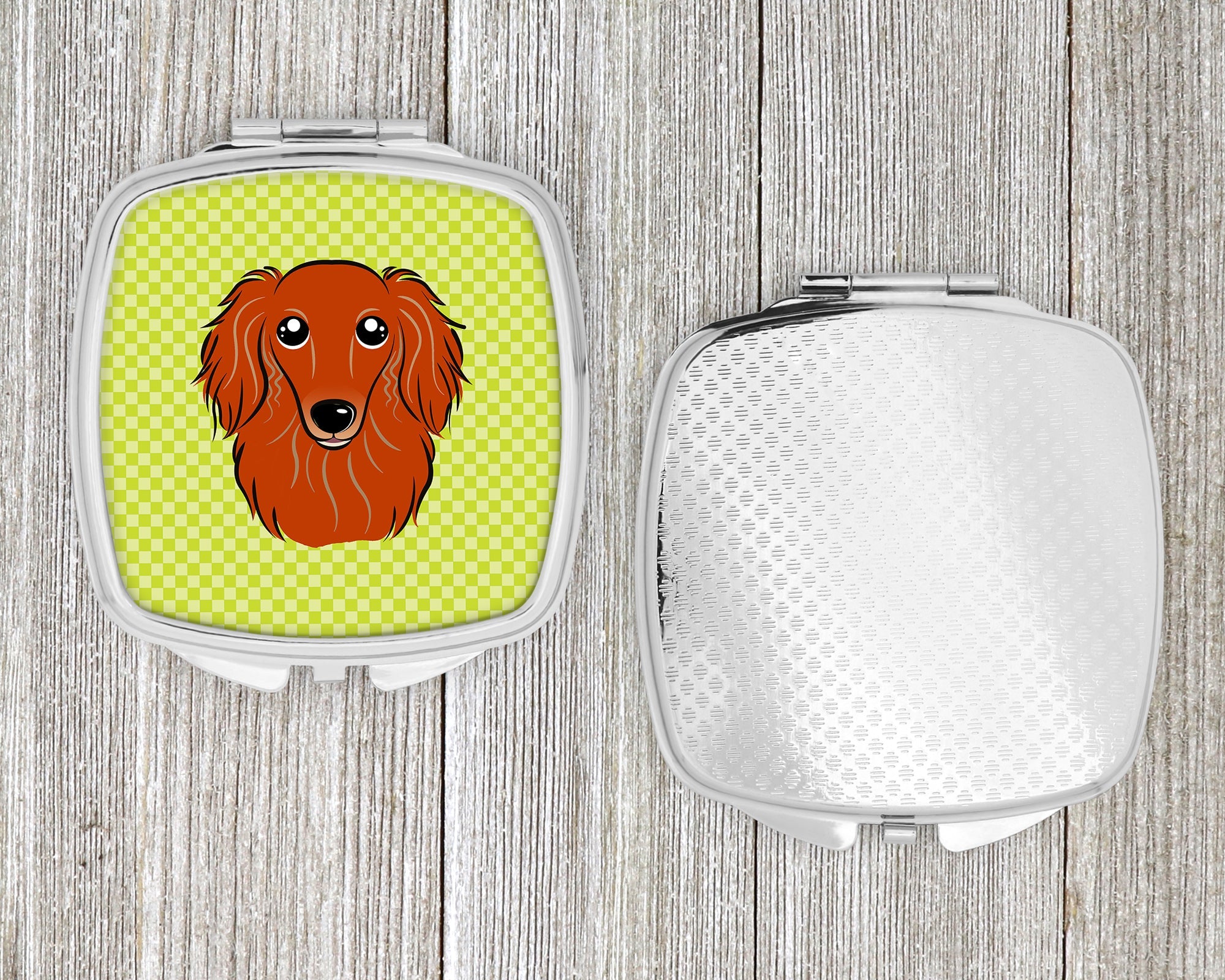 Checkerboard Lime Green Longhair Red Dachshund Compact Mirror Decorative Travel Makeup Mirror for Women Girls Gifts Pocket Makeup Mirror Folding Handheld