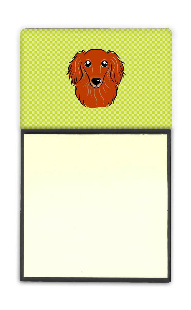 Checkerboard Lime Green Longhair Red Dachshund Watercolor Sticky Note Holder Refillable Dispenser Desk Accessory 3x3 Pad Gift