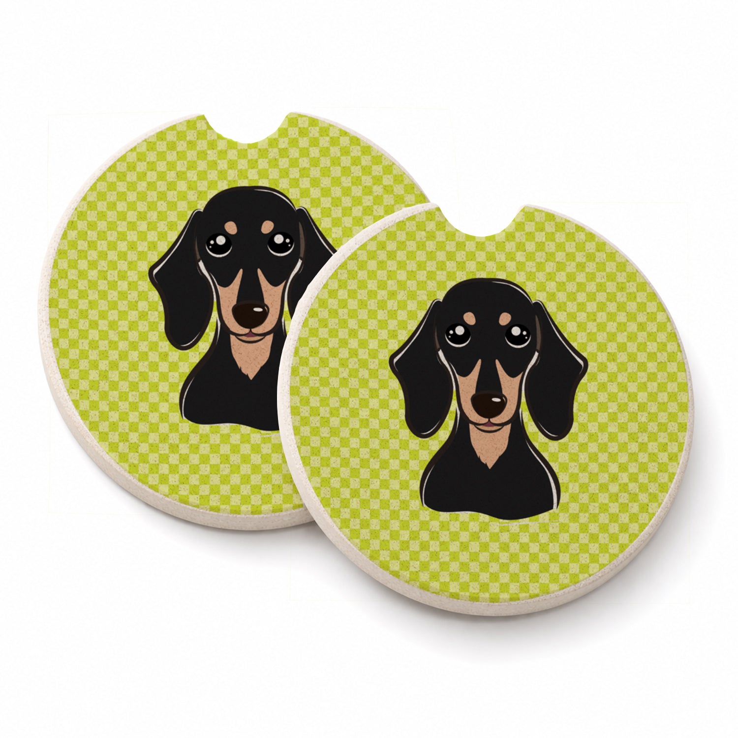Checkerboard Lime Green Smooth Black and Tan Dachshund Set of 2 Cup Holder Car Coasters Absorbent Round Sandstone Coasters Gifts for Men or Women, 2.5, Multicolor