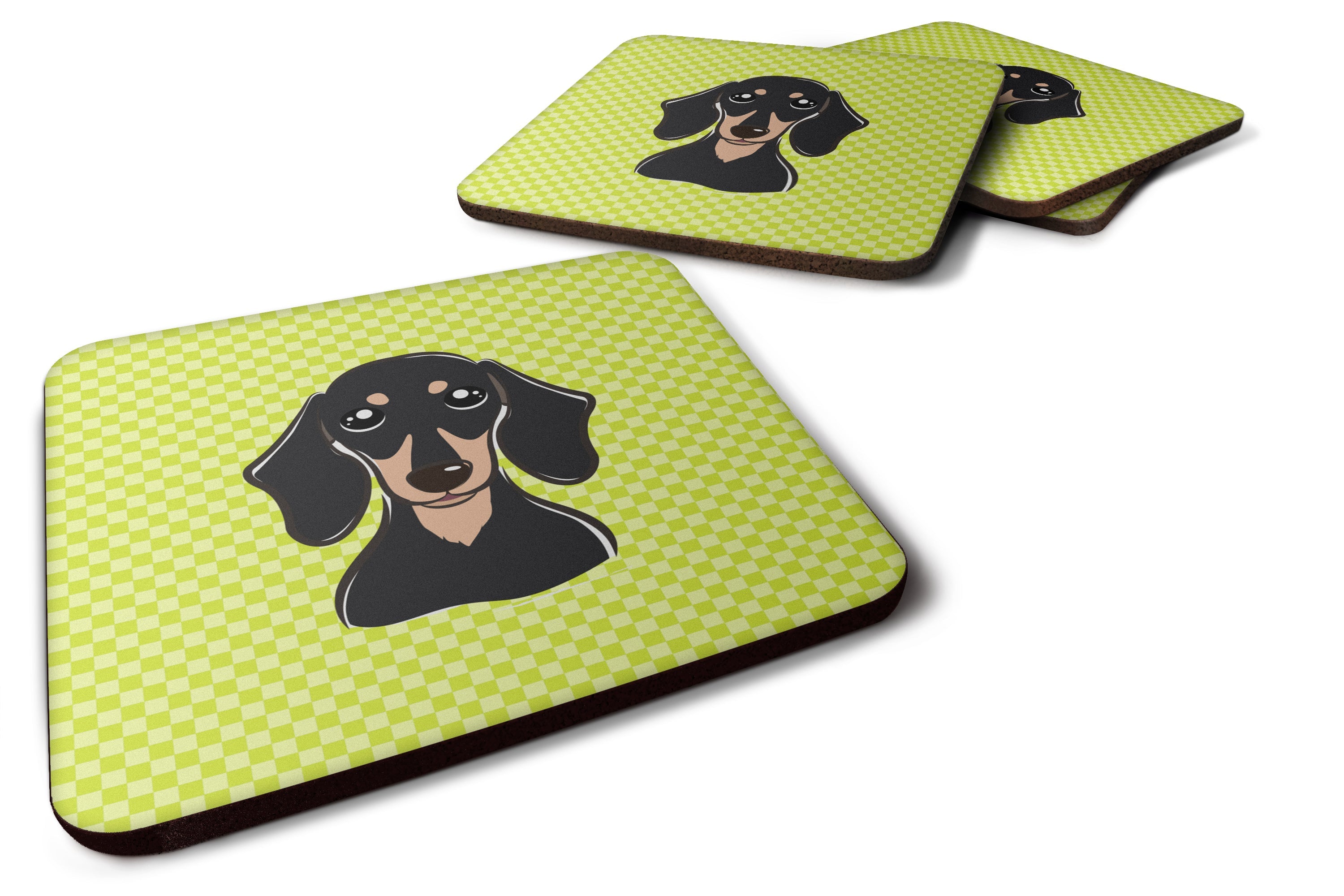 Checkerboard Lime Green Smooth Black and Tan Dachshund Foam Coasters Set of 4 Cup Coasters for Indoor Outdoor, Tabletop Protection, Anti Slip, Mouse pad Material