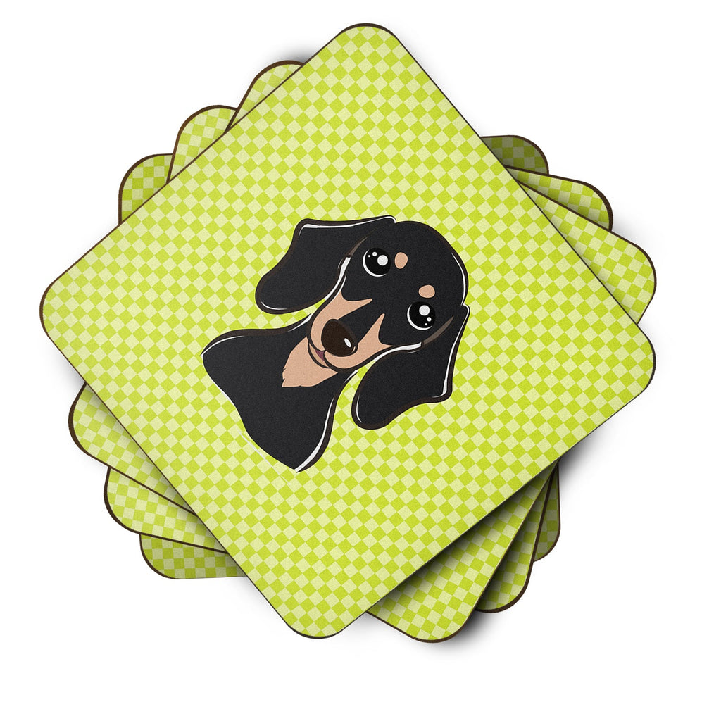 Checkerboard Lime Green Smooth Black and Tan Dachshund Foam Coasters Set of 4 Cup Coasters for Indoor Outdoor, Tabletop Protection, Anti Slip, Mouse pad Material