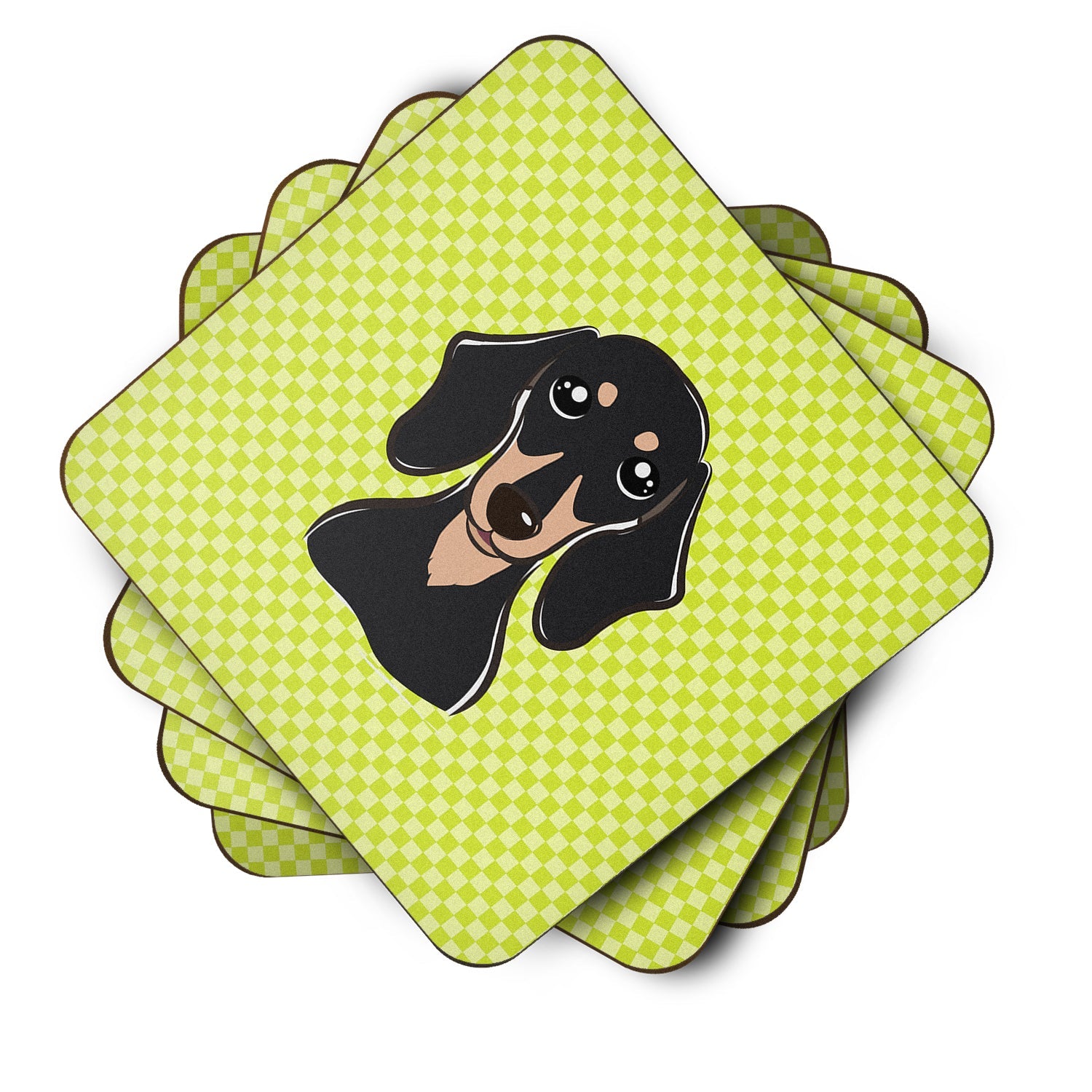 Checkerboard Lime Green Smooth Black and Tan Dachshund Foam Coasters Set of 4 Cup Coasters for Indoor Outdoor, Tabletop Protection, Anti Slip, Mouse pad Material