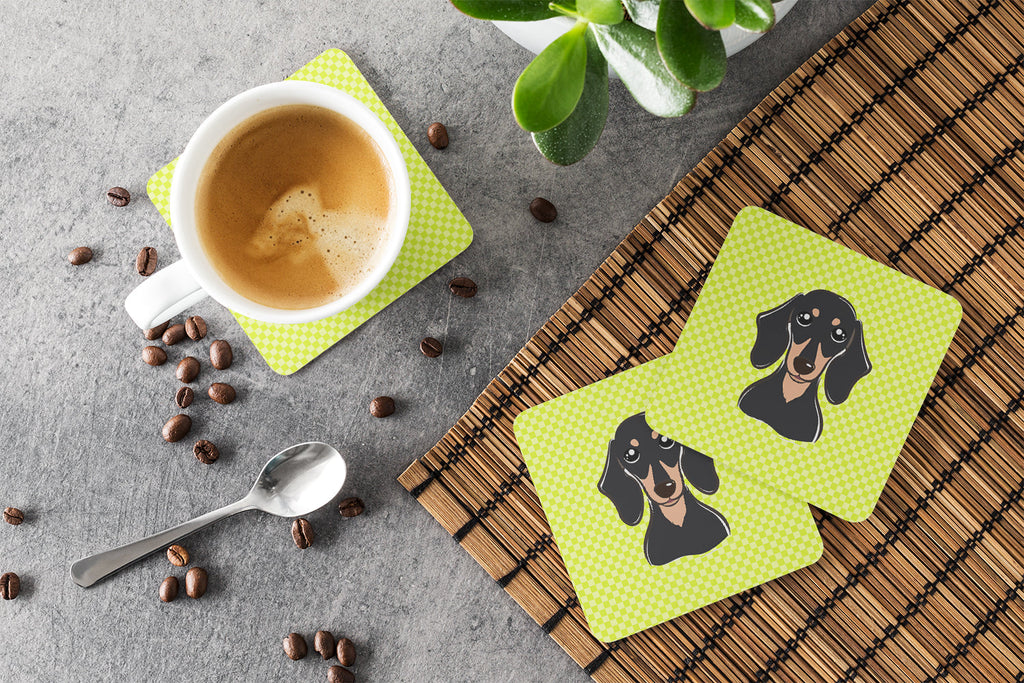 Checkerboard Lime Green Smooth Black and Tan Dachshund Foam Coasters Set of 4 Cup Coasters for Indoor Outdoor, Tabletop Protection, Anti Slip, Mouse pad Material