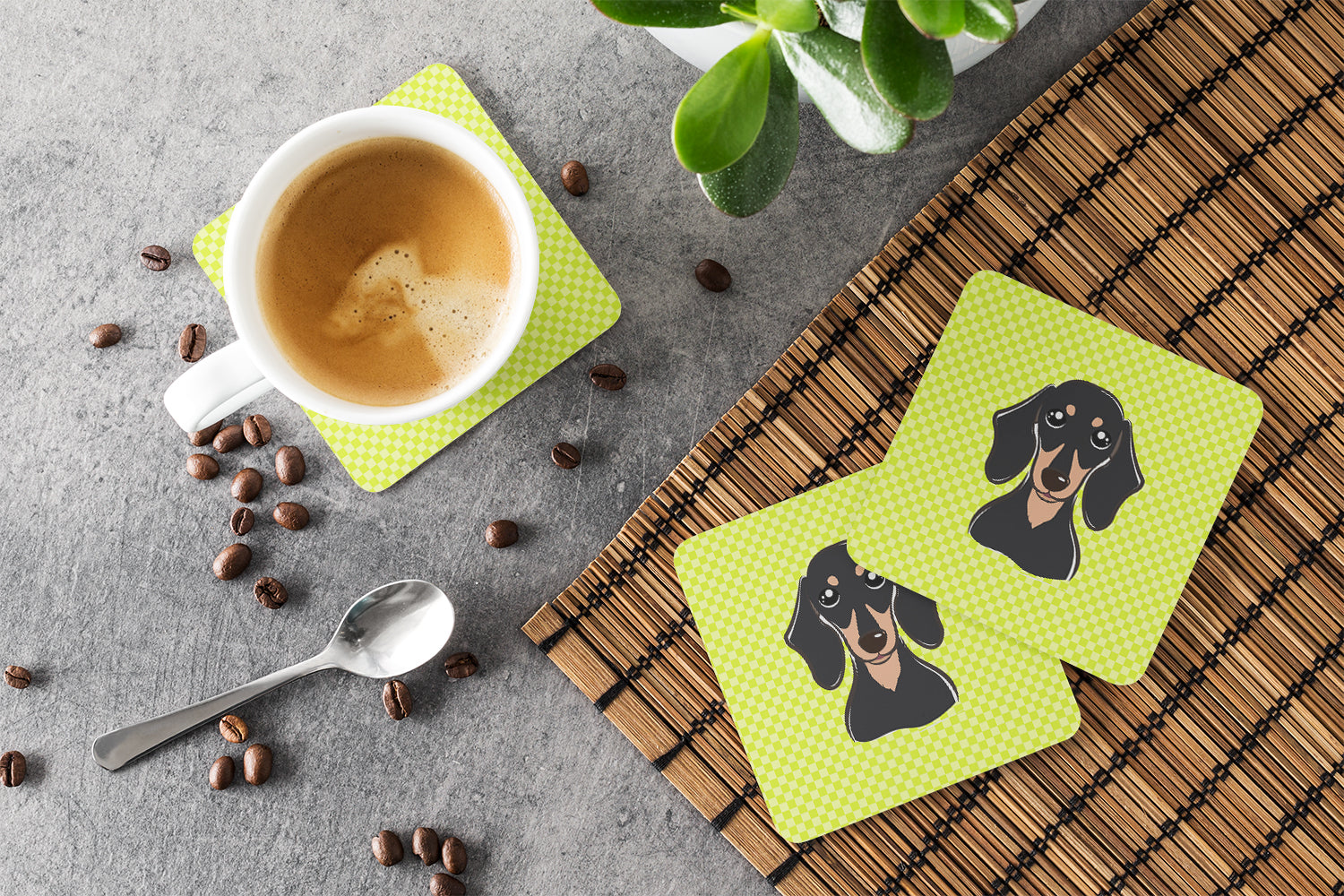 Checkerboard Lime Green Smooth Black and Tan Dachshund Foam Coasters Set of 4 Cup Coasters for Indoor Outdoor, Tabletop Protection, Anti Slip, Mouse pad Material