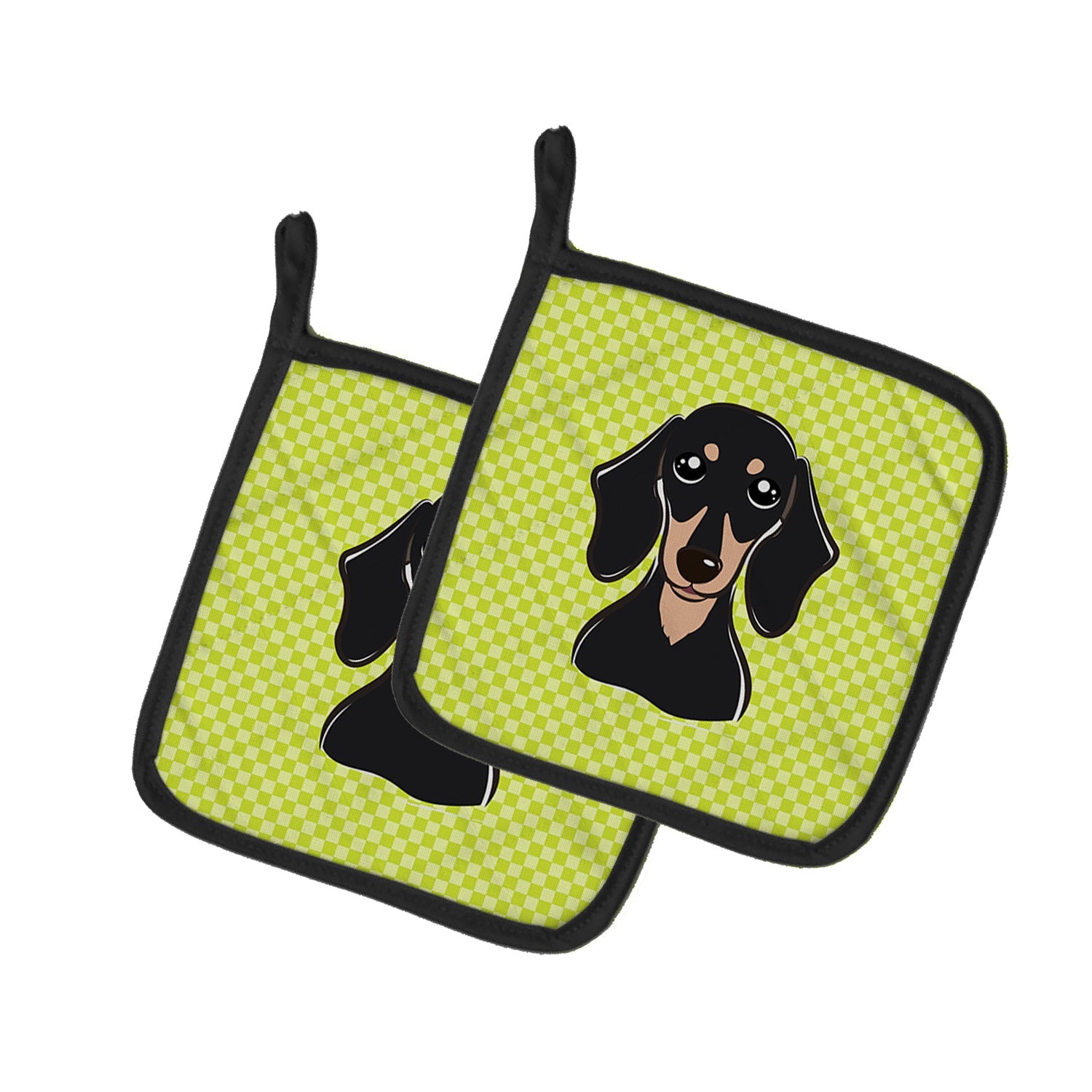 Checkerboard Lime Green Smooth Black and Tan Dachshund Pot Holder Set of 2 Heat Resistant Quilted Hot Pads 7.5 x 7.5 Inch, Insulated Kitchen Trivets for Cooking & Baking