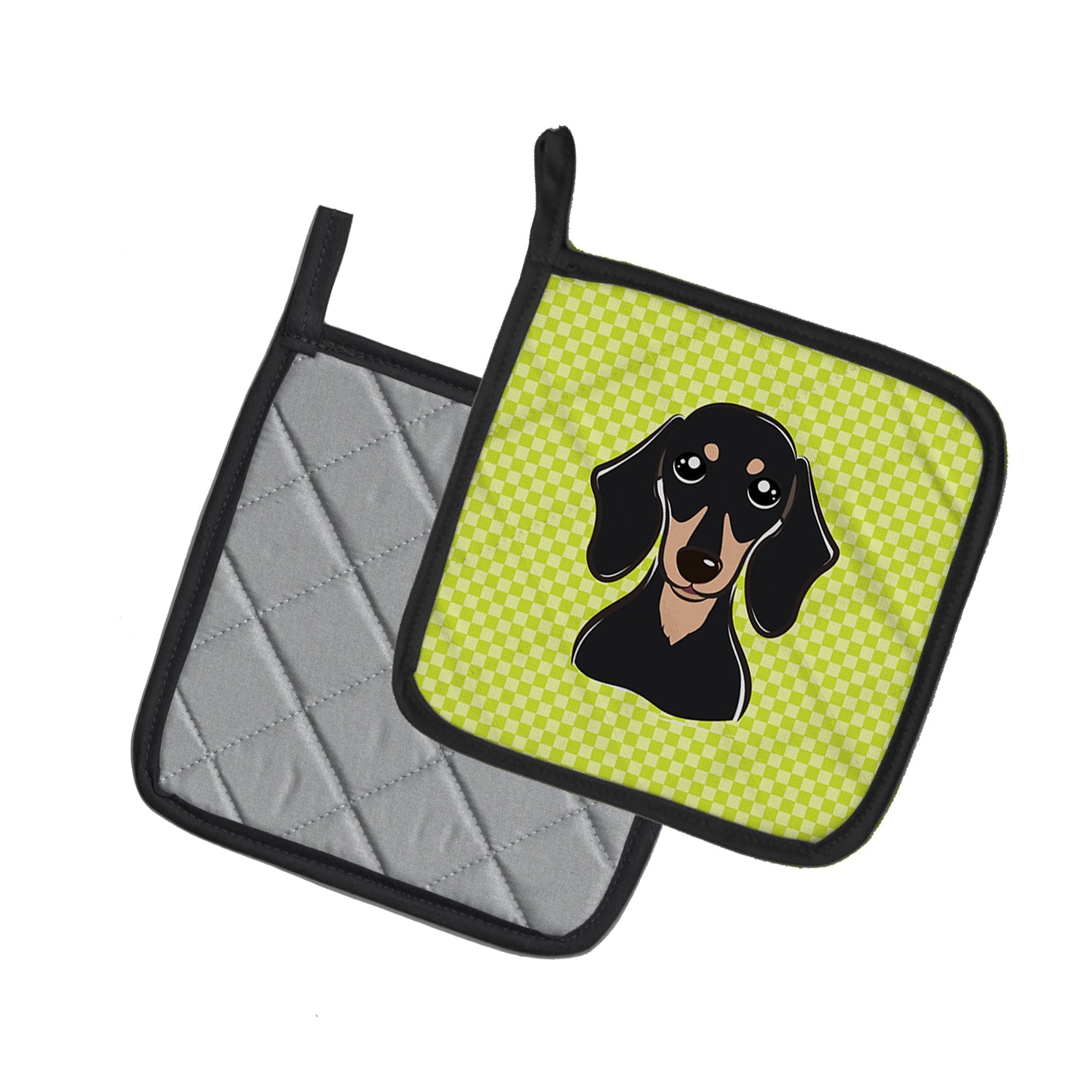 Checkerboard Lime Green Smooth Black and Tan Dachshund Pot Holder Set of 2 Heat Resistant Quilted Hot Pads 7.5 x 7.5 Inch, Insulated Kitchen Trivets for Cooking & Baking