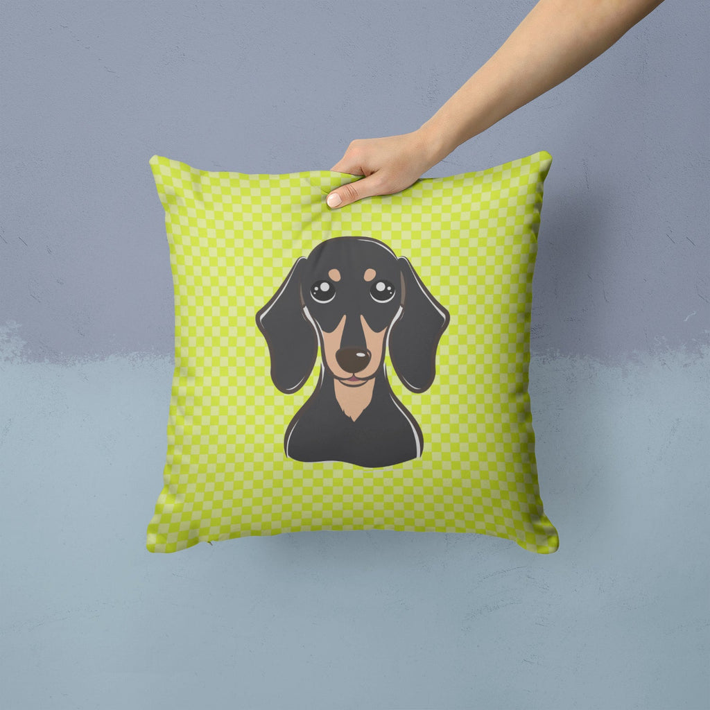 Checkerboard Lime Green Smooth Black and Tan Dachshund Decorative Throw Pillow 14x14 Indoor Outdoor Accent Cushion, Fabric Cover with Insert for Sofa, Bed, Porch & Living Room