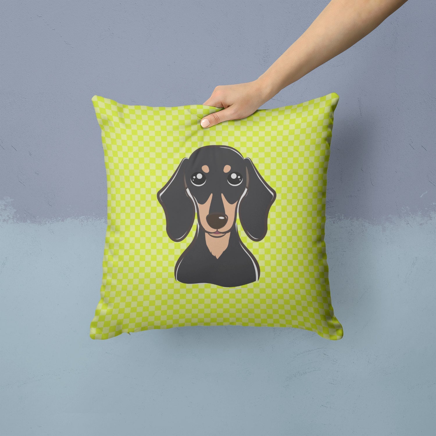 Checkerboard Lime Green Smooth Black and Tan Dachshund Decorative Throw Pillow 14x14 Indoor Outdoor Accent Cushion, Fabric Cover with Insert for Sofa, Bed, Porch & Living Room