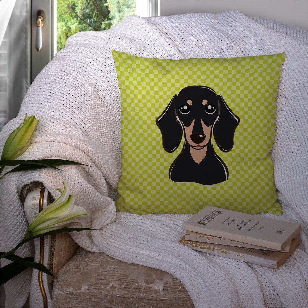 Checkerboard Lime Green Smooth Black and Tan Dachshund Decorative Throw Pillow 14x14 Indoor Outdoor Accent Cushion, Fabric Cover with Insert for Sofa, Bed, Porch & Living Room