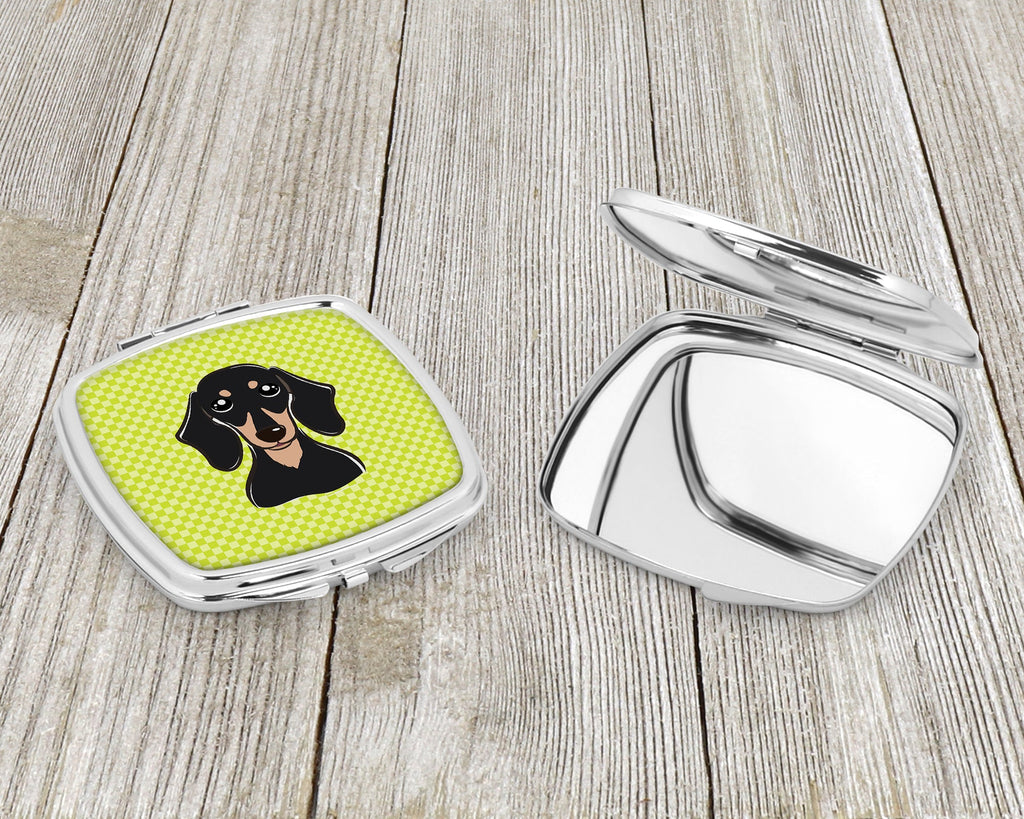 Checkerboard Lime Green Smooth Black and Tan Dachshund Compact Mirror Decorative Travel Makeup Mirror for Women Girls Gifts Pocket Makeup Mirror Folding Handheld