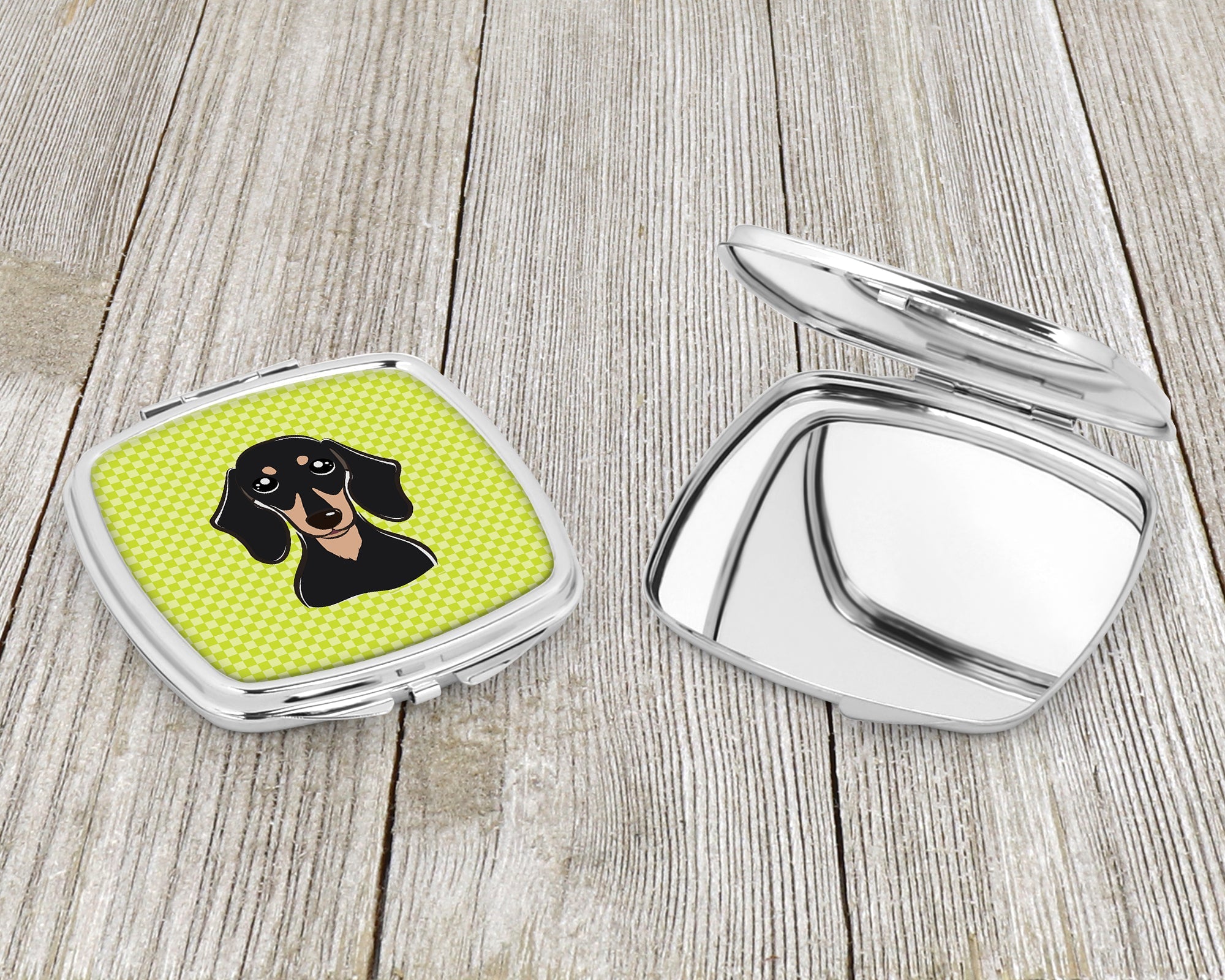 Checkerboard Lime Green Smooth Black and Tan Dachshund Compact Mirror Decorative Travel Makeup Mirror for Women Girls Gifts Pocket Makeup Mirror Folding Handheld