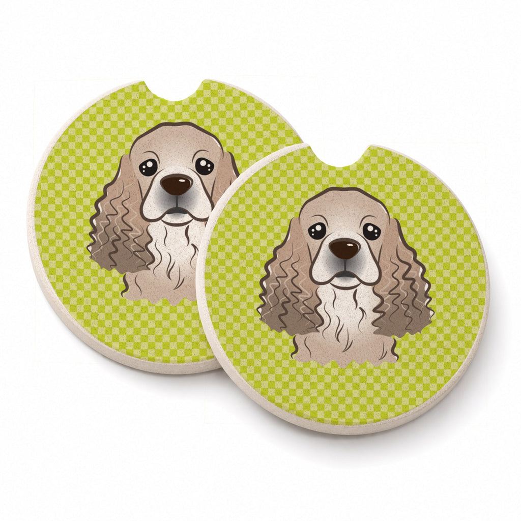 Checkerboard Lime Green Cocker Spaniel Set of 2 Cup Holder Car Coasters Absorbent Round Sandstone Coasters Gifts for Men or Women, 2.5, Multicolor