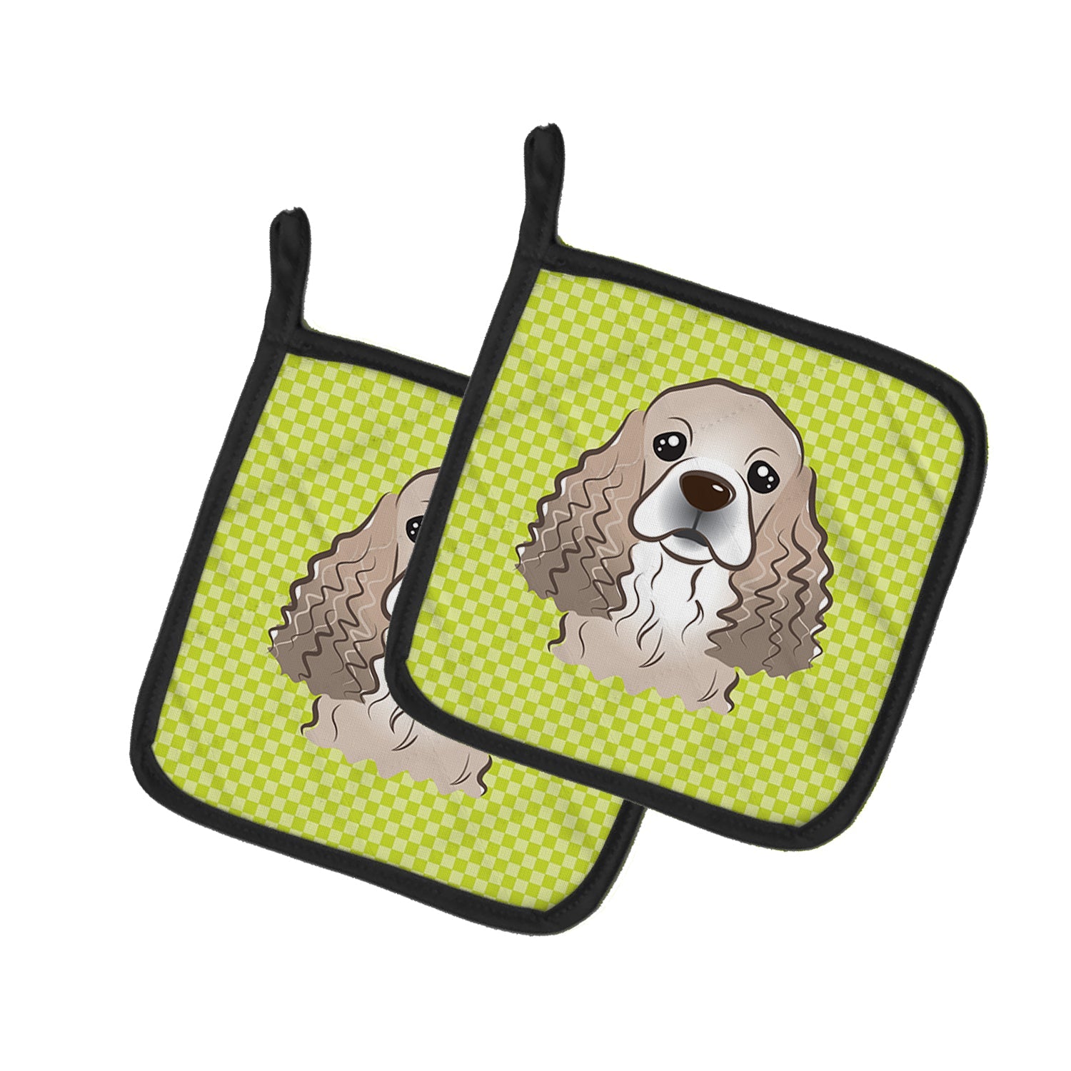 Checkerboard Lime Green Cocker Spaniel Pot Holder Set of 2 Heat Resistant Quilted Hot Pads 7.5 x 7.5 Inch, Insulated Kitchen Trivets for Cooking & Baking