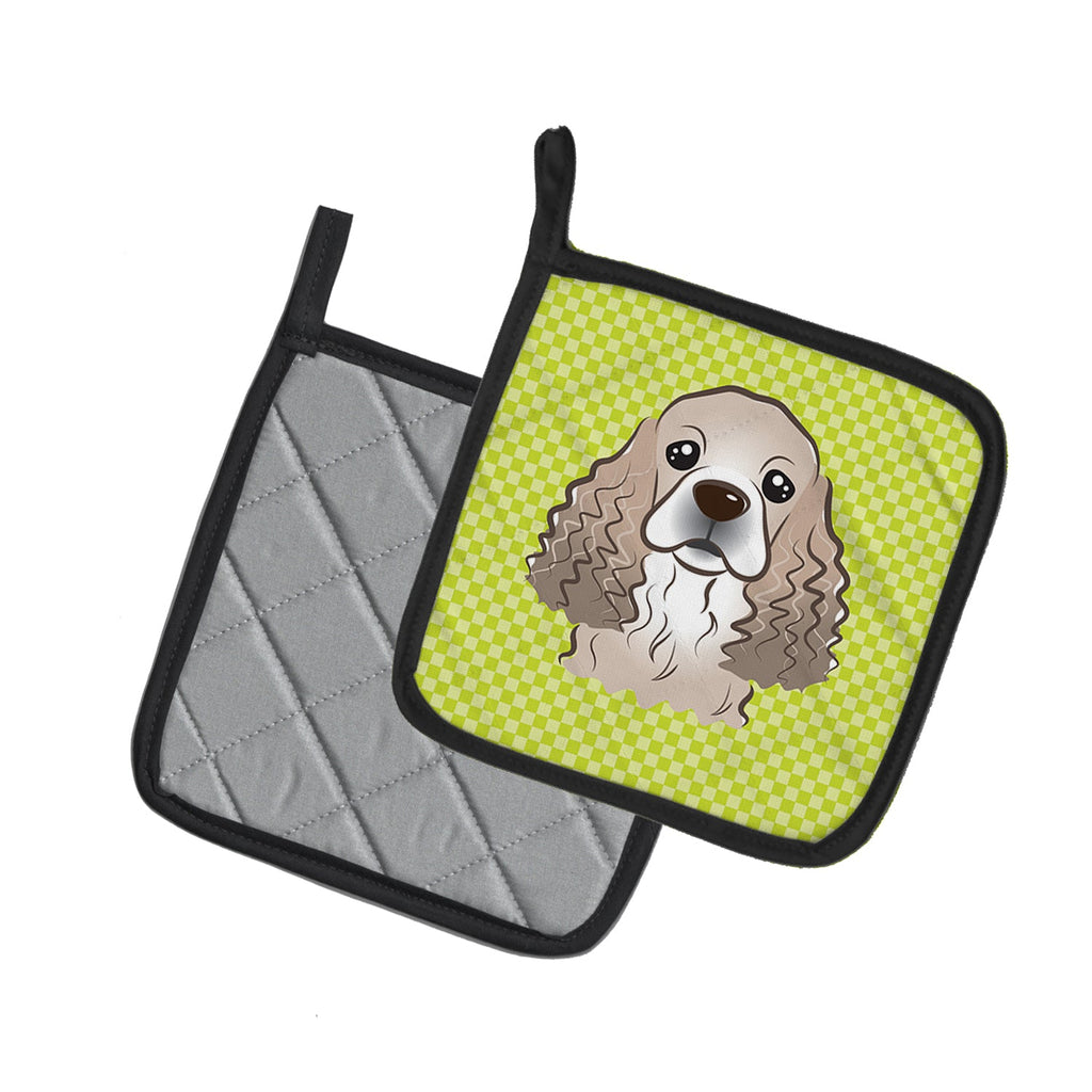 Checkerboard Lime Green Cocker Spaniel Pot Holder Set of 2 Heat Resistant Quilted Hot Pads 7.5 x 7.5 Inch, Insulated Kitchen Trivets for Cooking & Baking