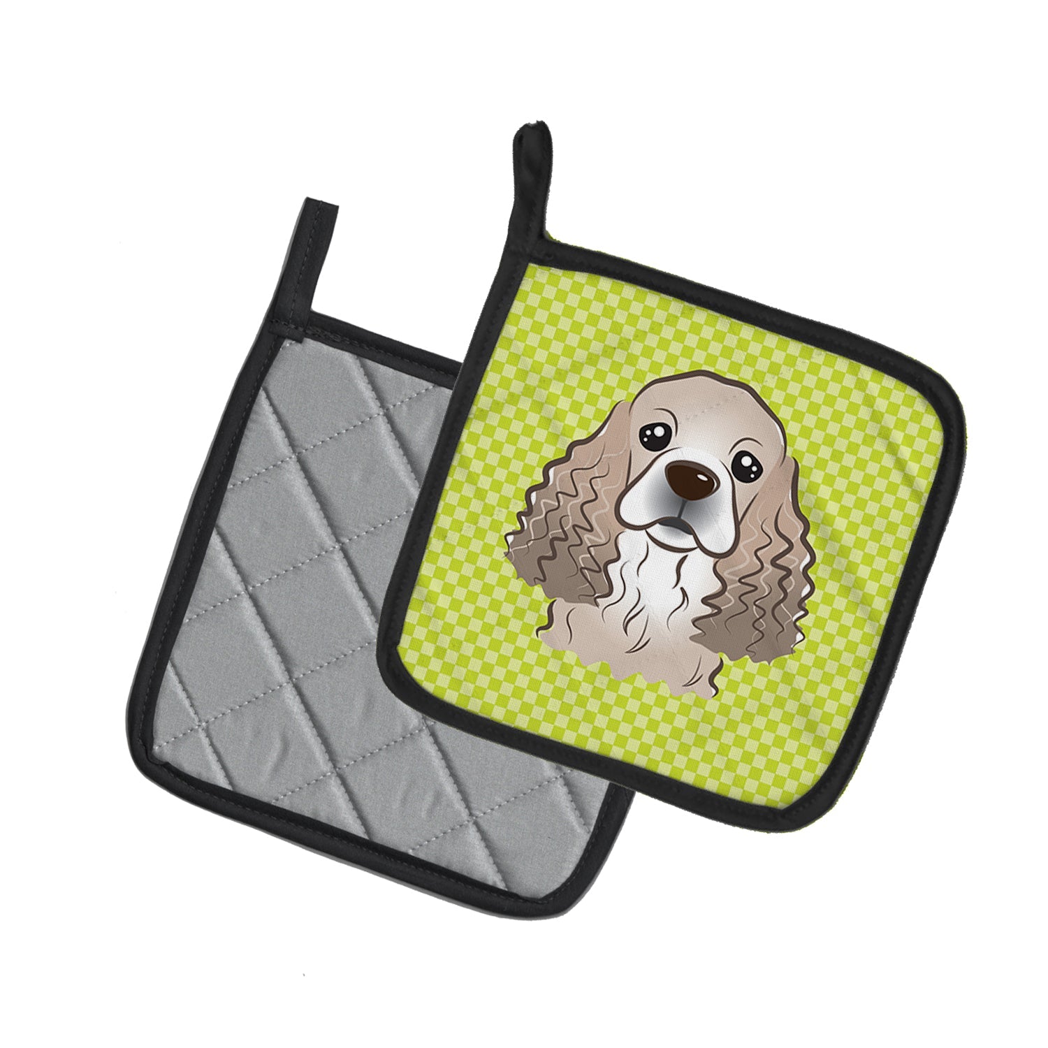 Checkerboard Lime Green Cocker Spaniel Pot Holder Set of 2 Heat Resistant Quilted Hot Pads 7.5 x 7.5 Inch, Insulated Kitchen Trivets for Cooking & Baking