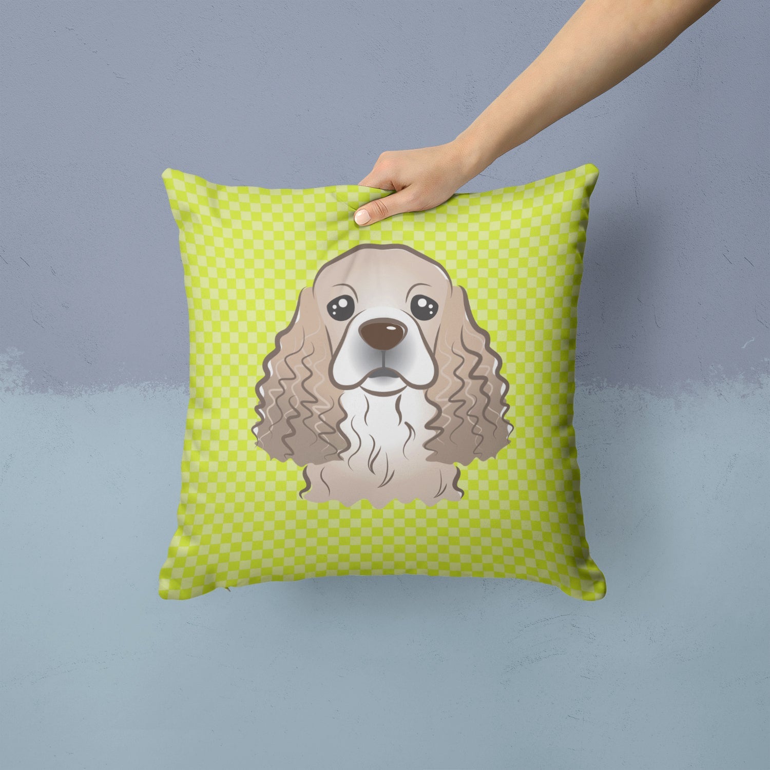 Checkerboard Lime Green Cocker Spaniel Decorative Throw Pillow 14x14 Indoor Outdoor Accent Cushion, Fabric Cover with Insert for Sofa, Bed, Porch & Living Room