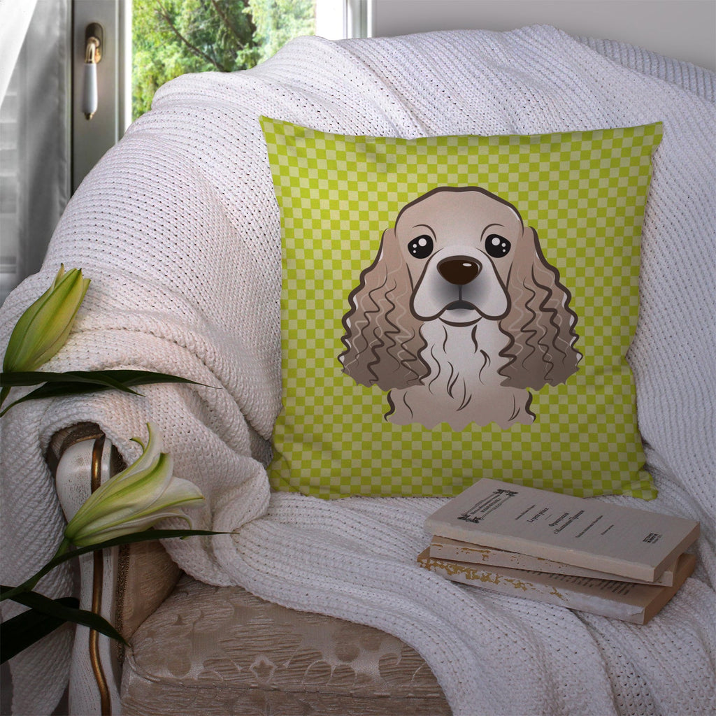 Checkerboard Lime Green Cocker Spaniel Decorative Throw Pillow 14x14 Indoor Outdoor Accent Cushion, Fabric Cover with Insert for Sofa, Bed, Porch & Living Room